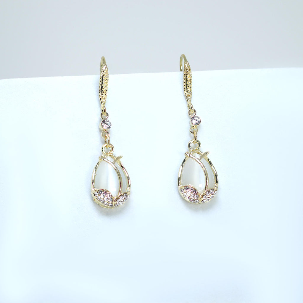 White Cat Eye Stone Drop Dangle Bridal Earrings, Crystal Bridal Earrings, Statement Earrings Cz