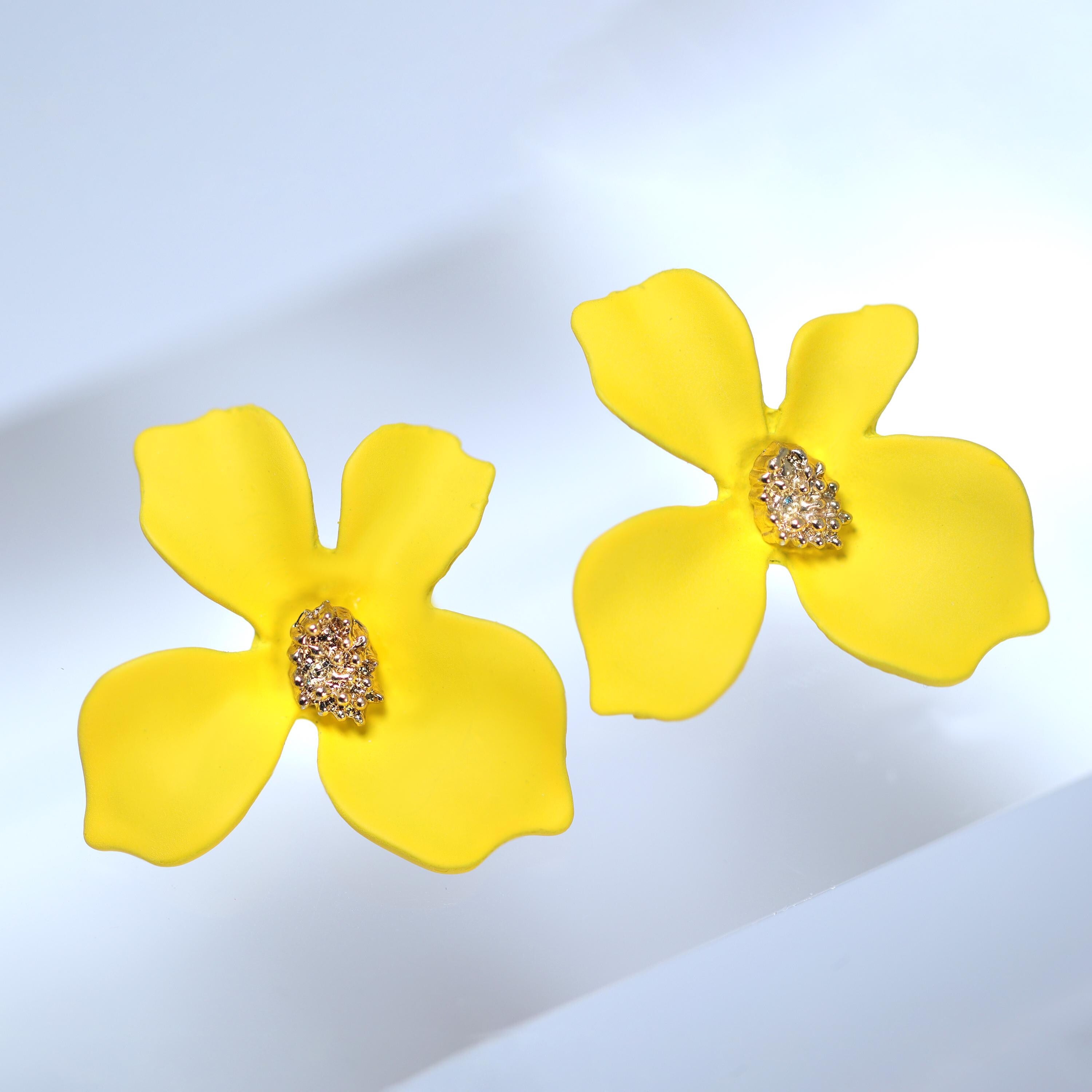 Four Petal Yellow Flower Earrings, Bridal Jewelry, Bridal Stud Earrings, Bridal Earrings, Statement Earrings, Bridesmaid Earring.