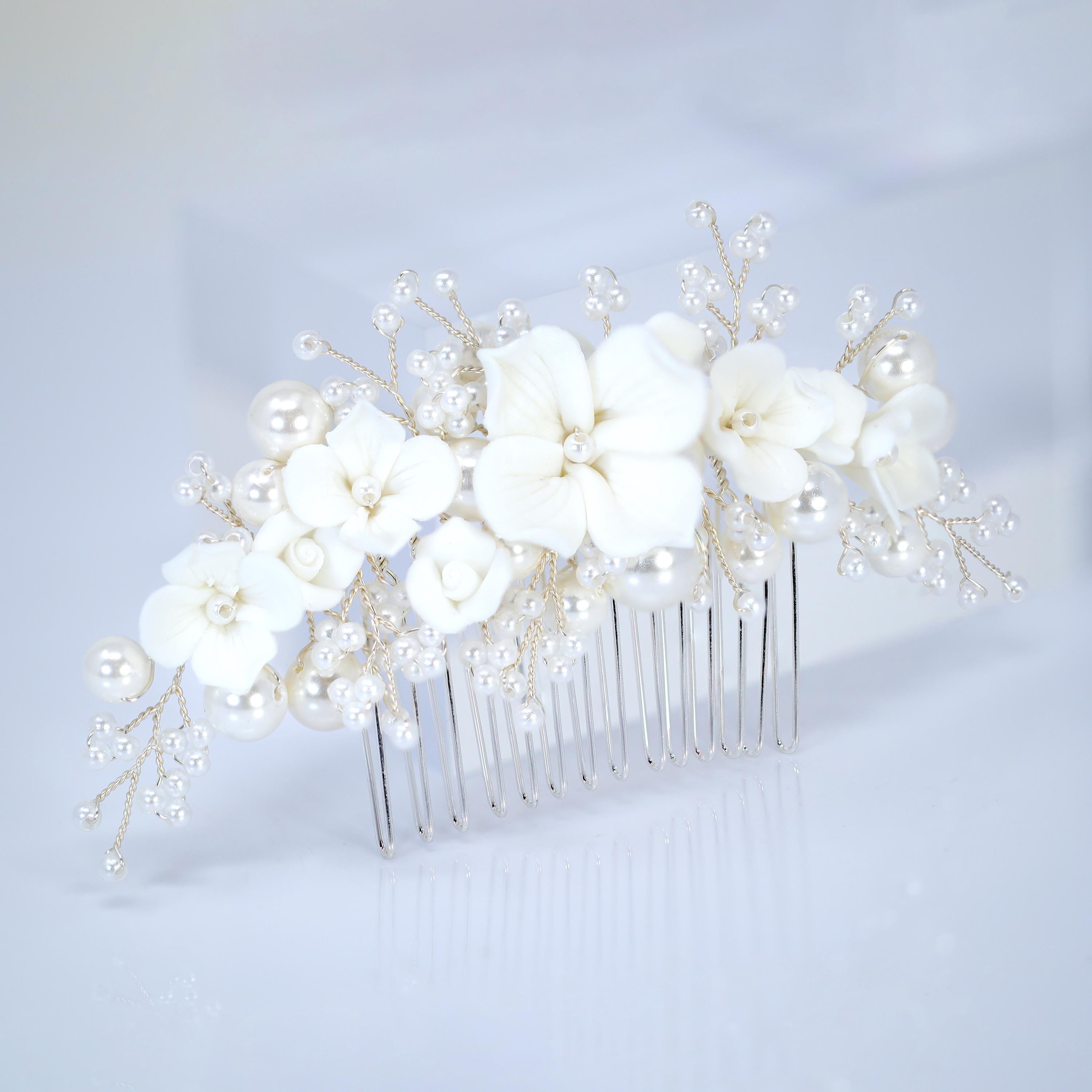 Ceramic White flower Faux Pearl Hair comb, Bridal Hair piece, Bridal Hair Accessories, Wedding Hair Accessory.