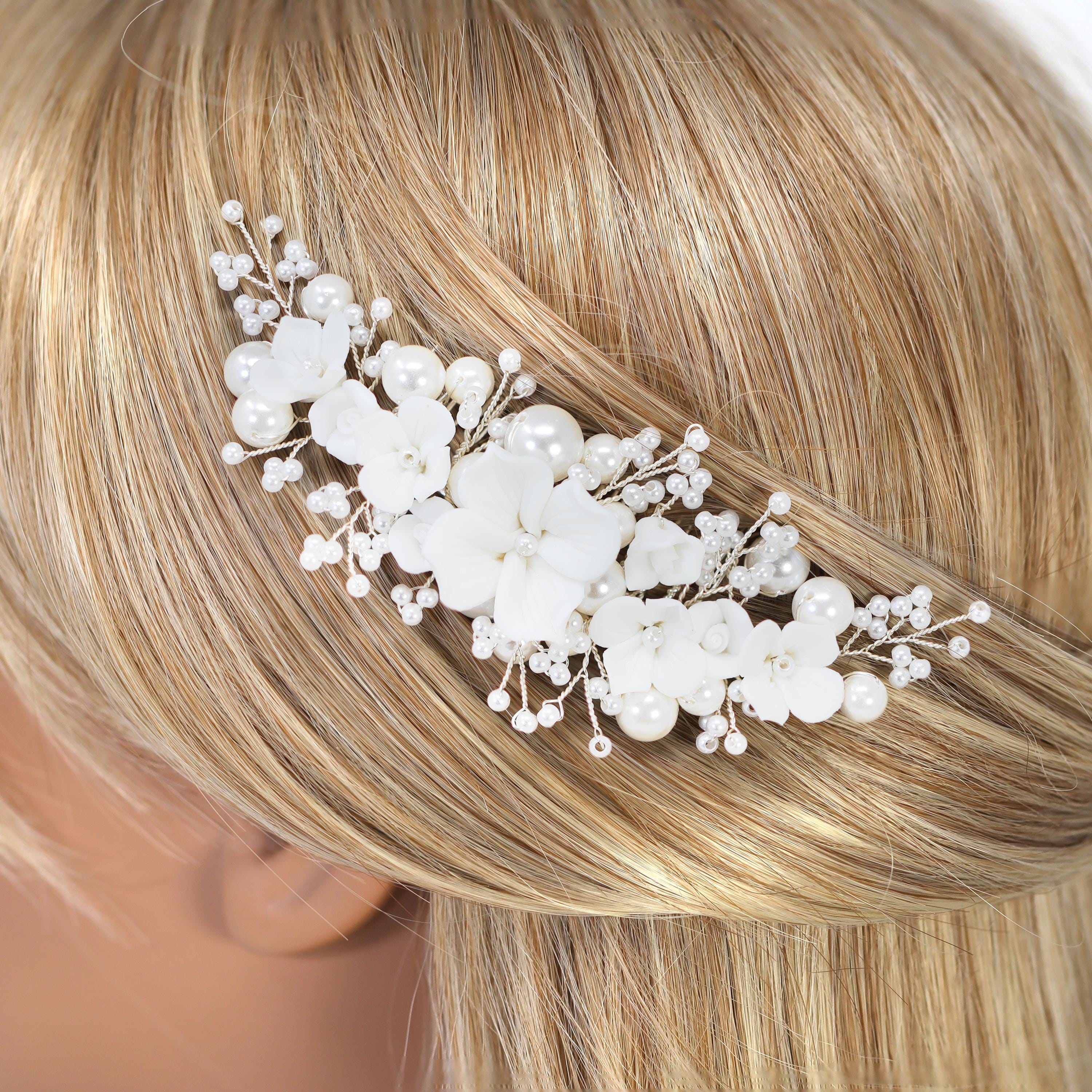 Ceramic White flower Faux Pearl Hair comb, Bridal Hair piece, Bridal Hair Accessories, Wedding Hair Accessory.