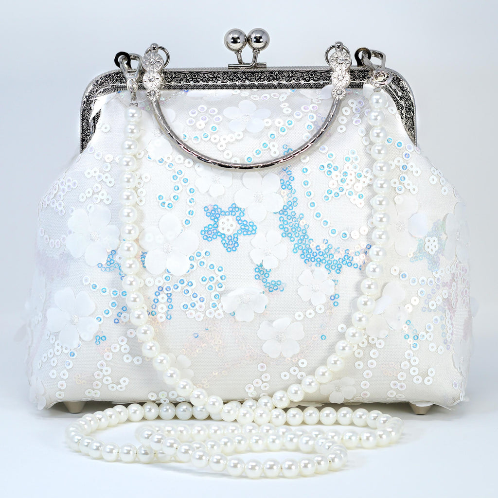 Faux Pearl Embroidered Shimmering Rainbow Floral Bouquet Bridal Wedding Bag, Statement Bag, Evening Wedding Clutch, Cross Body Bag