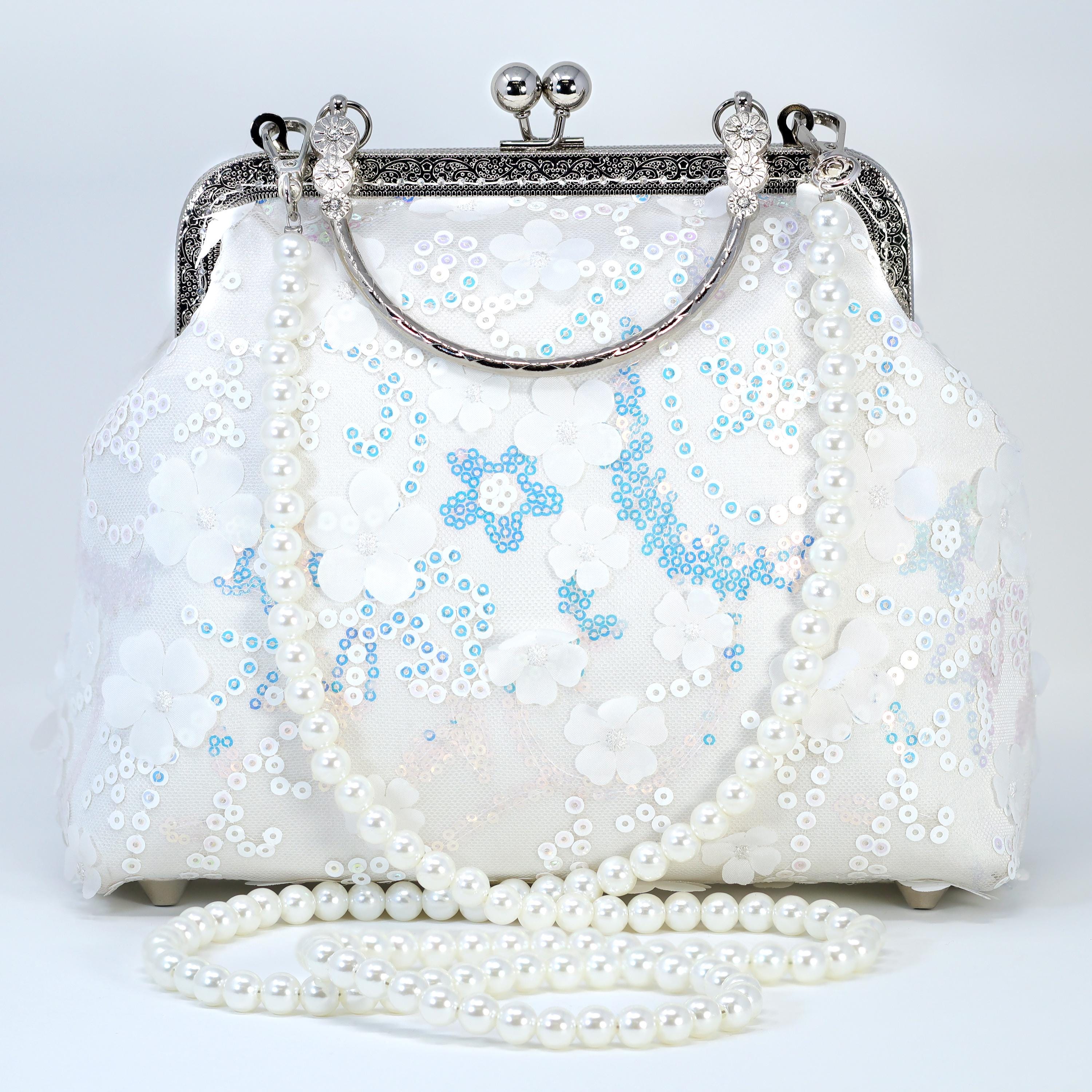Faux Pearl Embroidered Shimmering Rainbow Floral Bouquet Bridal Wedding Bag, Statement Bag, Evening Wedding Clutch, Cross Body Bag