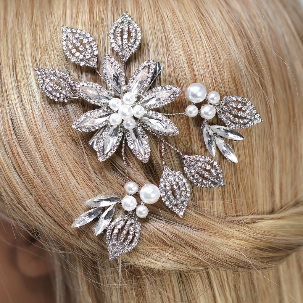Set Of 3 Flower Leaf Rhinestone Bridal Hair Clip, Bridesmaid Gift, Wedding Hair Accessory.