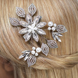 Set Of 3 Flower Leaf Rhinestone Bridal Hair Clip, Bridesmaid Gift, Wedding Hair Accessory.