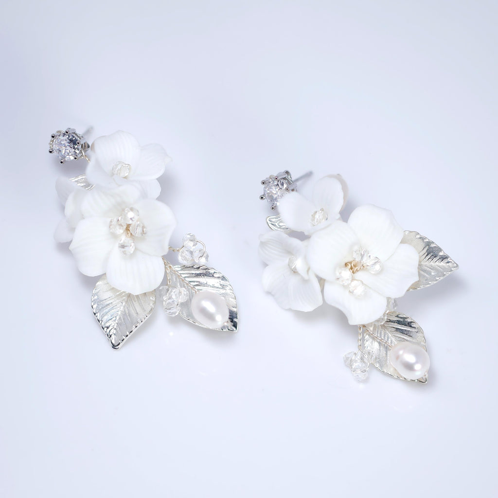 Swarovski Porcelain Ceramic White Flower Natural Pearl Sparkling Crystal Long Bridal Jewelry Crystal Bridal Earrings Statement Earrings Cz