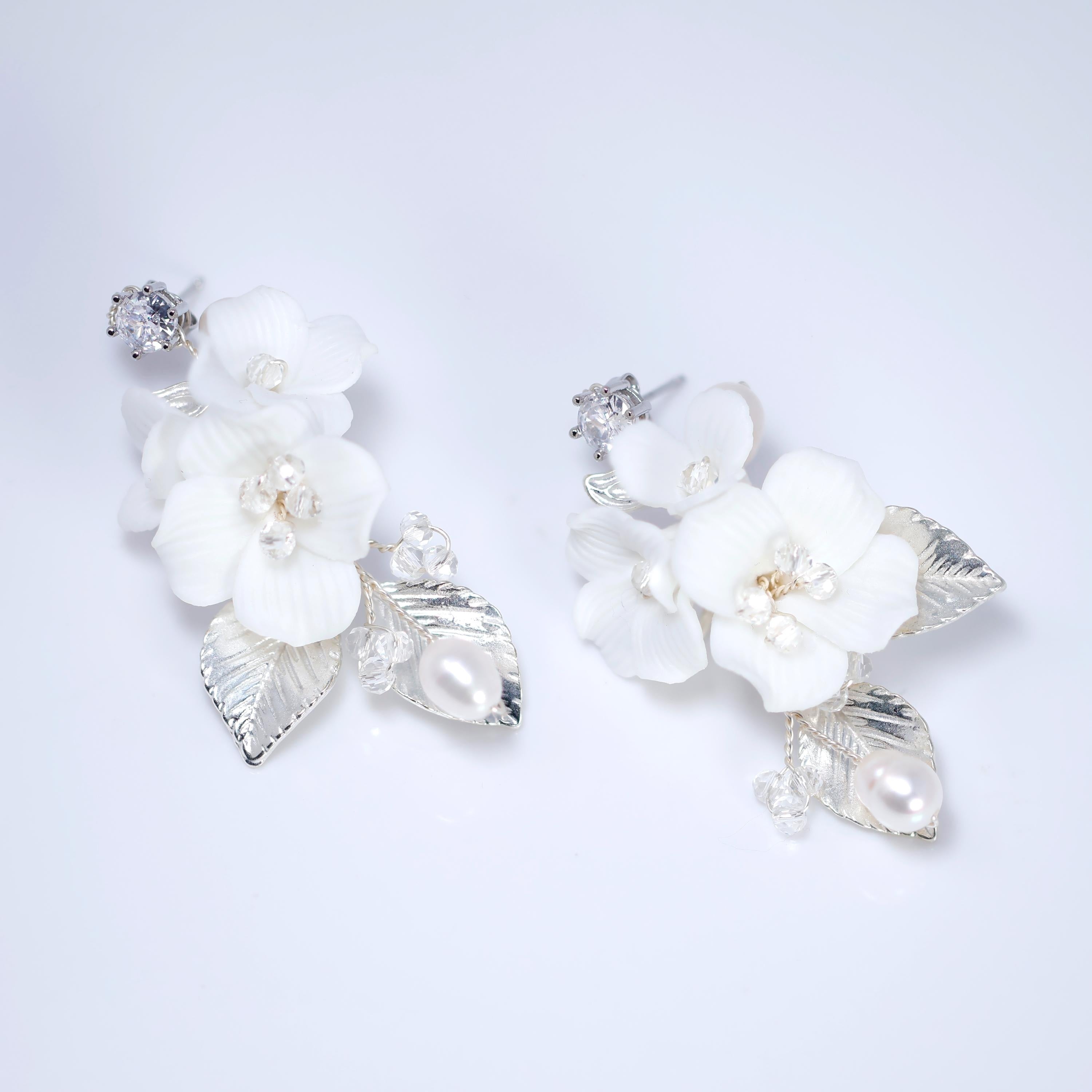 Swarovski Porcelain Ceramic White Flower Natural Pearl Sparkling Crystal Long Bridal Jewelry Crystal Bridal Earrings Statement Earrings Cz