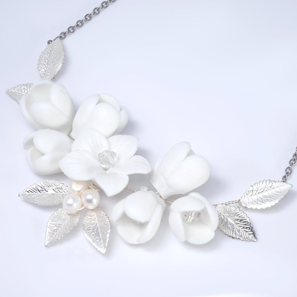 Floral Porcelain Petals & Natural Pearl Necklace, Bridal Necklace, Statement Necklace, Gift For Her.