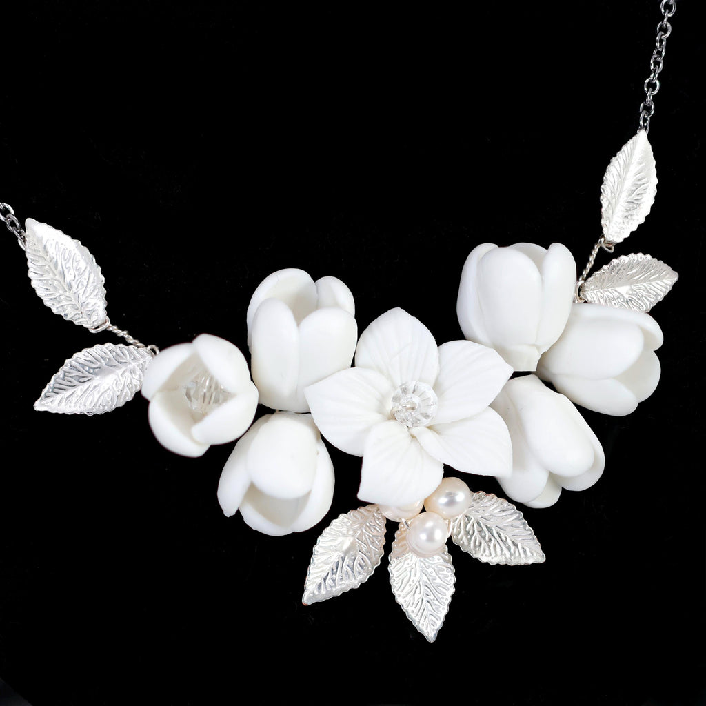 Floral Porcelain Petals & Natural Pearl Necklace, Bridal Necklace, Statement Necklace, Gift For Her.