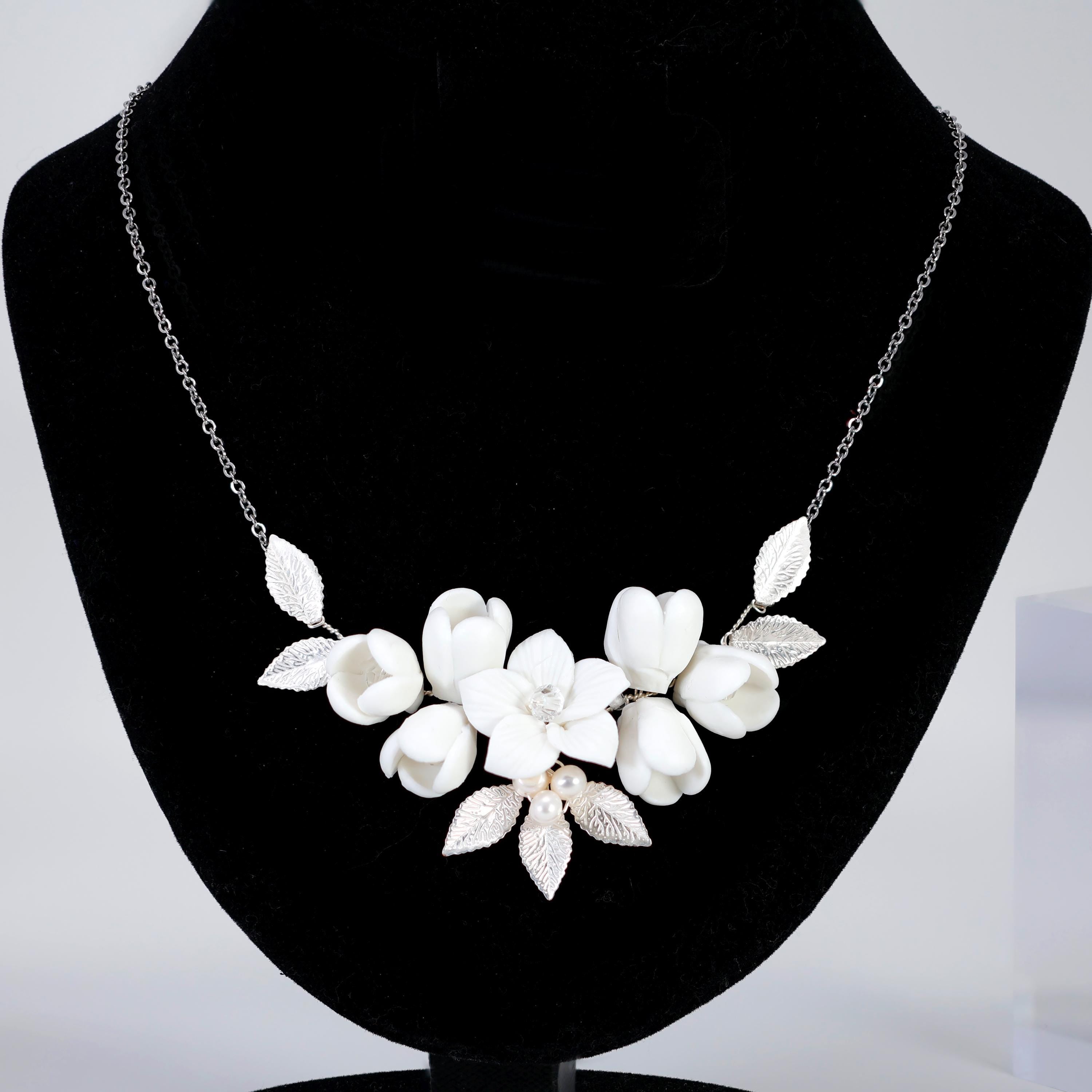 Floral Porcelain Petals & Natural Pearl Necklace, Bridal Necklace, Statement Necklace, Gift For Her.