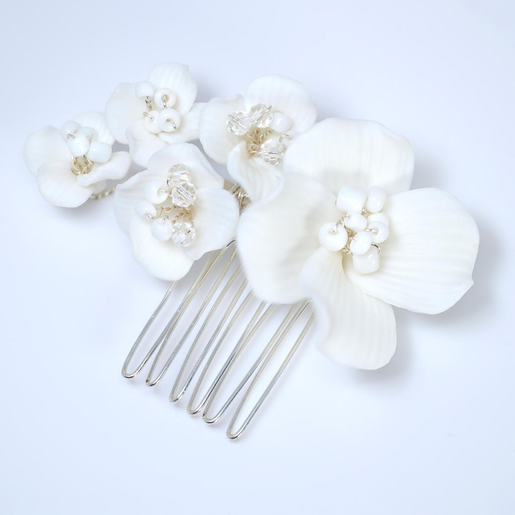 Ceramic White flower Petal Dream Hair comb, Bridal Hair piece, Bridal Hair Accessories, Wedding Hair Accessory.
