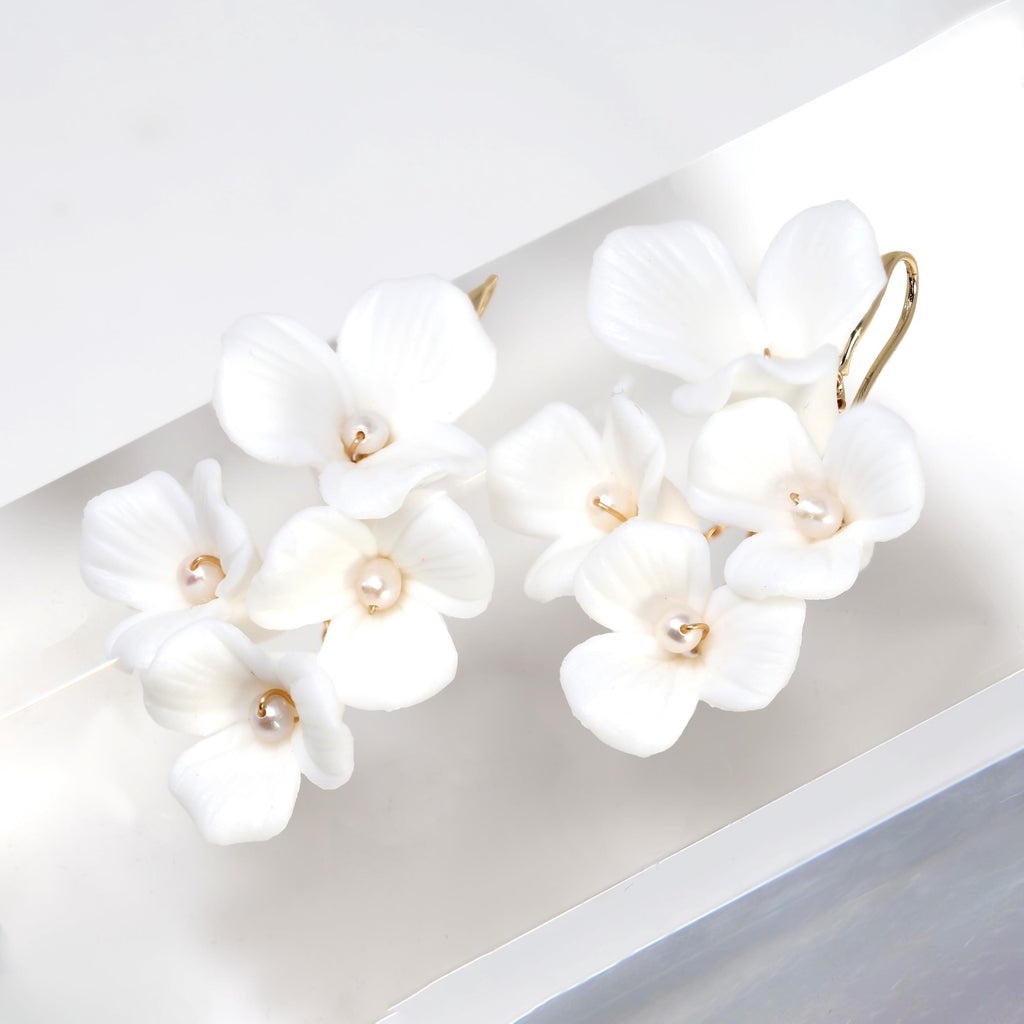 Three Petal White Flower Cultured Pearl Earrings, Long Bridal Jewelry Bridal Earrings Crystal Bridal Earrings Statement Earrings Cz