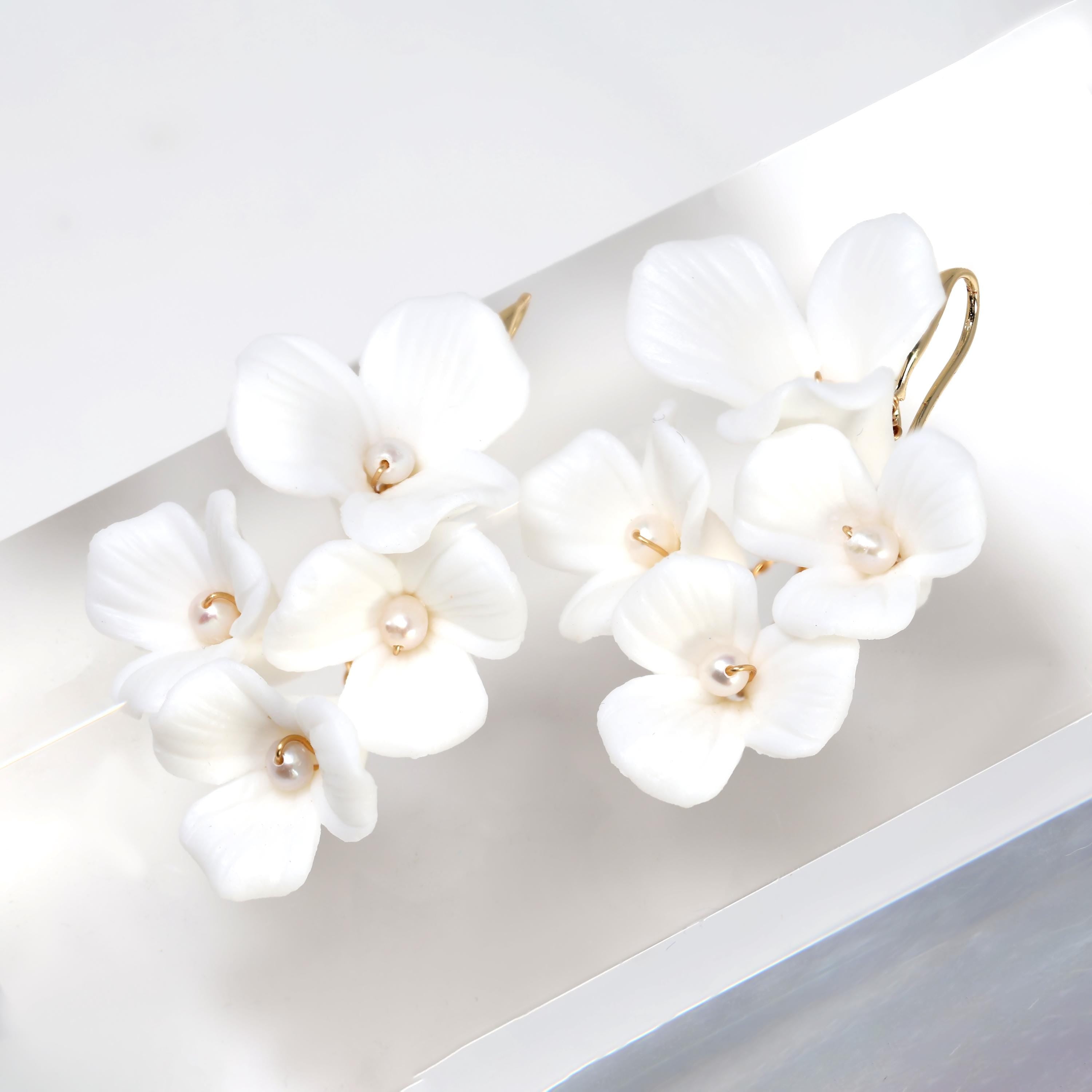 Three Petal White Flower Cultured Pearl Earrings, Long Bridal Jewelry Bridal Earrings Crystal Bridal Earrings Statement Earrings Cz