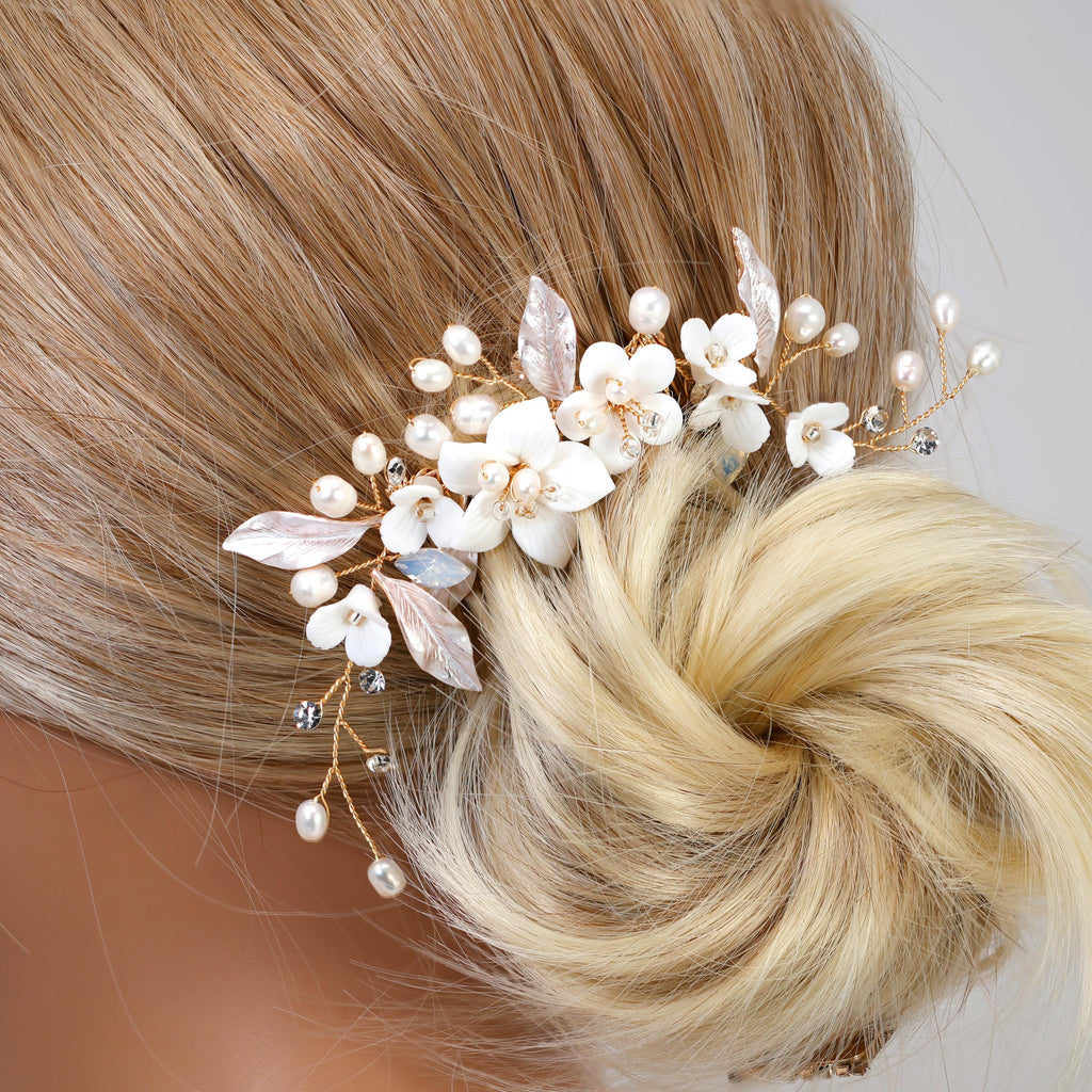 Swarovski Crystal Gilded Petals & Pearls Garden Hair comb, Bridal Hair piece, Bridal Hair Accessories, Wedding Hair Accessory.