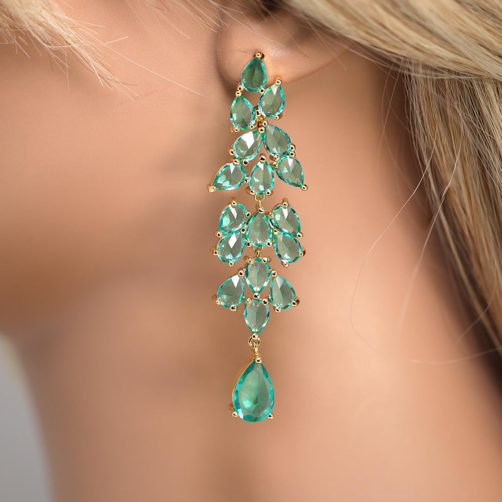 CZ Light Green Drop Diamond Earrings, Long Bridal Jewelry, Crystal Bridal Earrings, Statement Earrings, Mother of Bride.