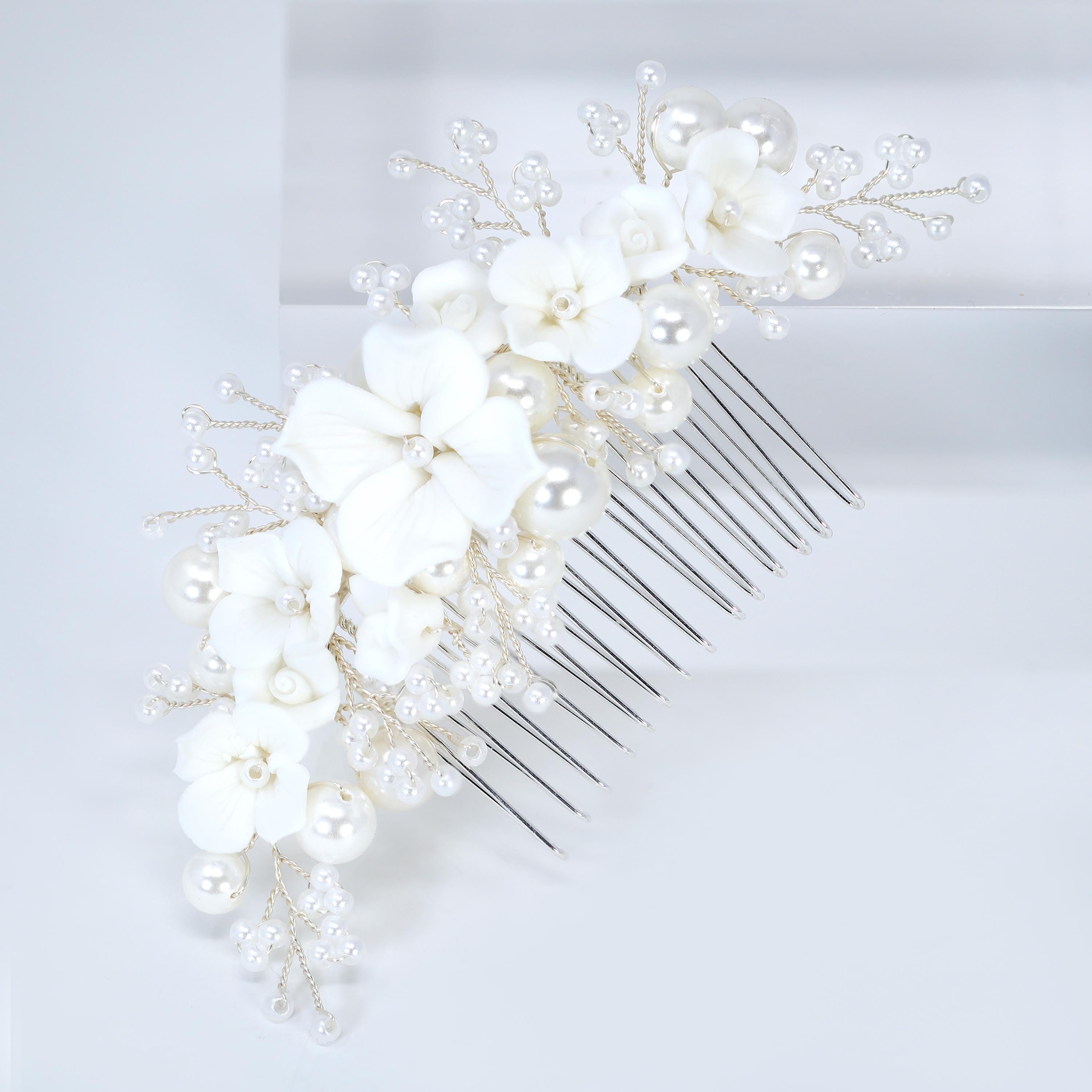 Ceramic White flower Faux Pearl Hair comb, Bridal Hair piece, Bridal Hair Accessories, Wedding Hair Accessory.