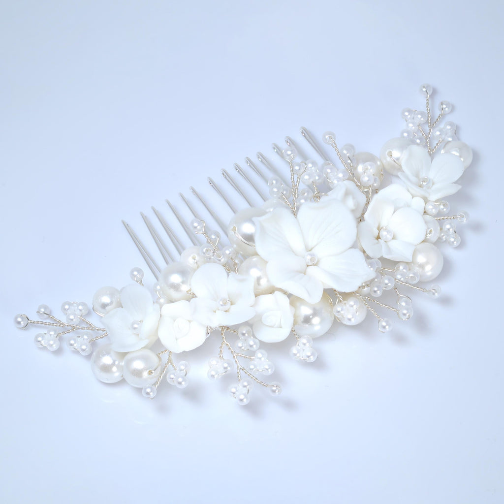 Ceramic White flower Faux Pearl Hair comb, Bridal Hair piece, Bridal Hair Accessories, Wedding Hair Accessory.