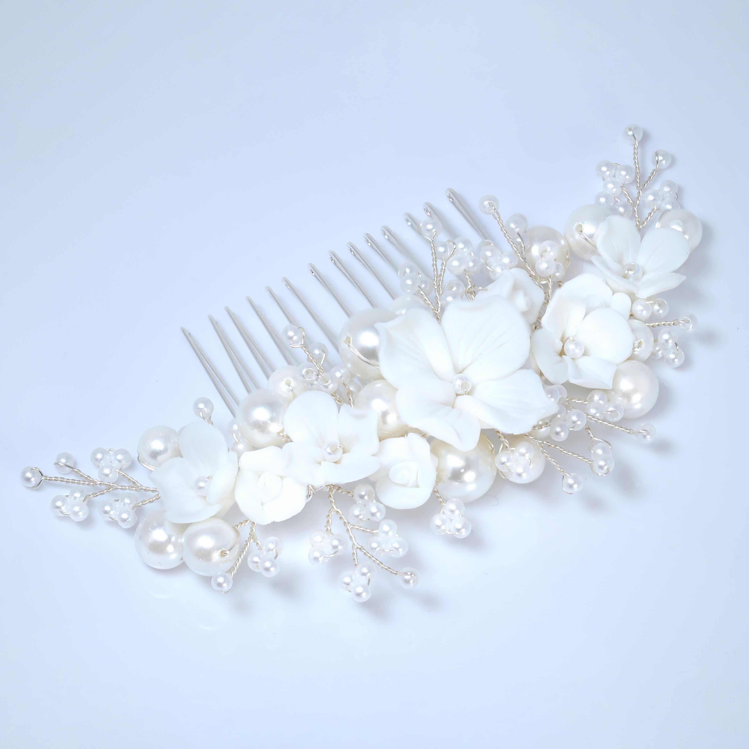 Ceramic White flower Faux Pearl Hair comb, Bridal Hair piece, Bridal Hair Accessories, Wedding Hair Accessory.