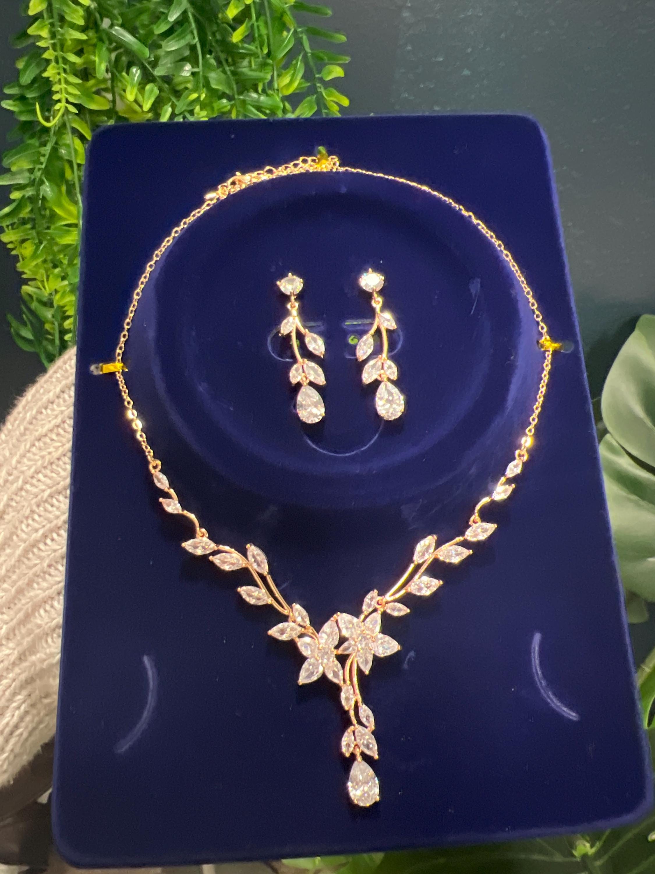 Swarovski Crystal Flower Vine Leaves Necklace, Long Bridal Jewelry, Bridal Earrings And Necklace, Statement Earrings Cz Necklace Set.