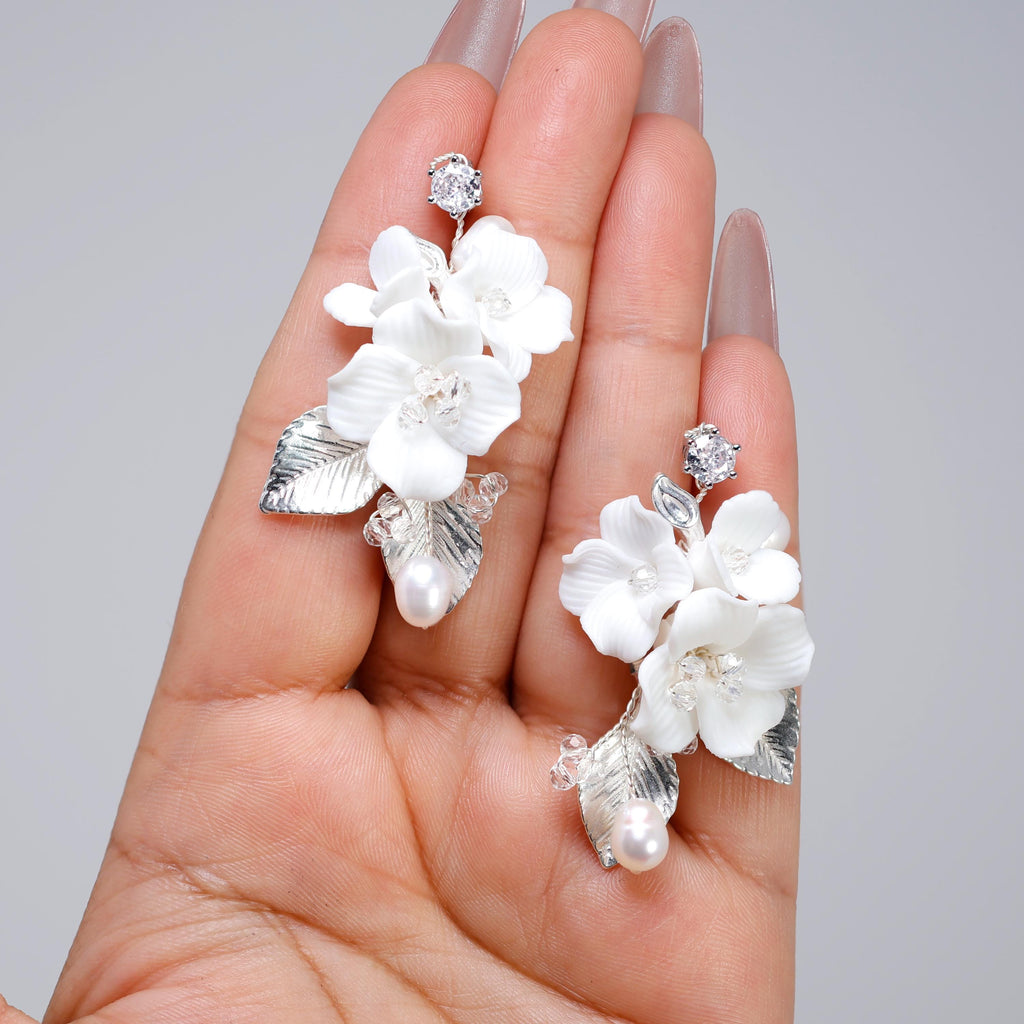 Swarovski Porcelain Ceramic White Flower Natural Pearl Sparkling Crystal Long Bridal Jewelry Crystal Bridal Earrings Statement Earrings Cz