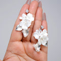 Swarovski Porcelain Ceramic White Flower Natural Pearl Sparkling Crystal Long Bridal Jewelry Crystal Bridal Earrings Statement Earrings Cz