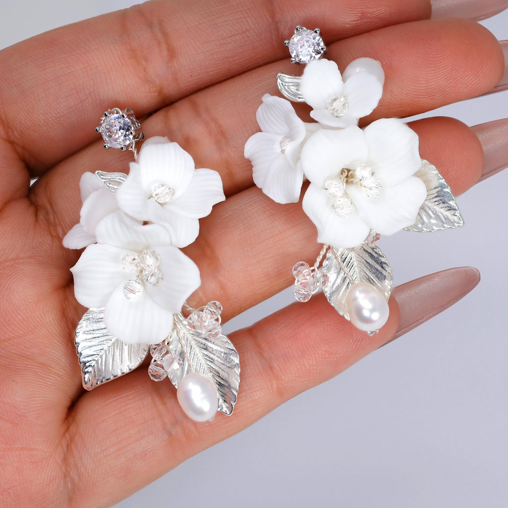Swarovski Porcelain Ceramic White Flower Natural Pearl Sparkling Crystal Long Bridal Jewelry Crystal Bridal Earrings Statement Earrings Cz