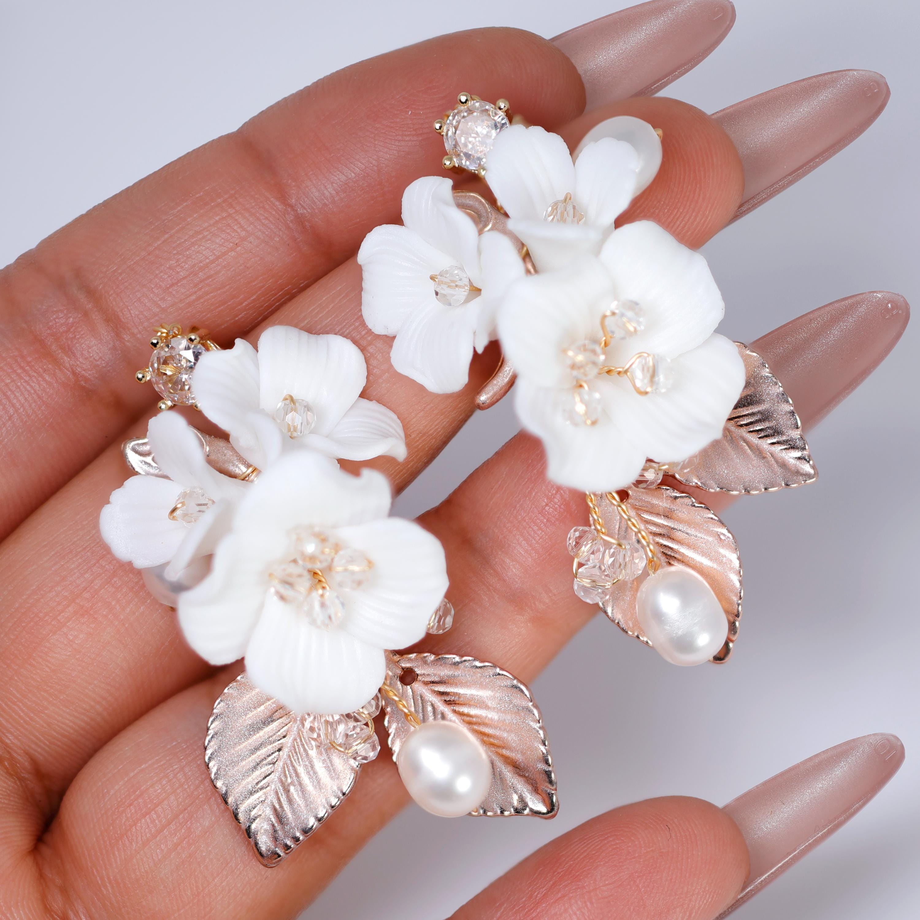 Swarovski Porcelain Ceramic White Flower Natural Pearl Sparkling Crystal Long Bridal Jewelry Crystal Bridal Earrings Statement Earrings Cz