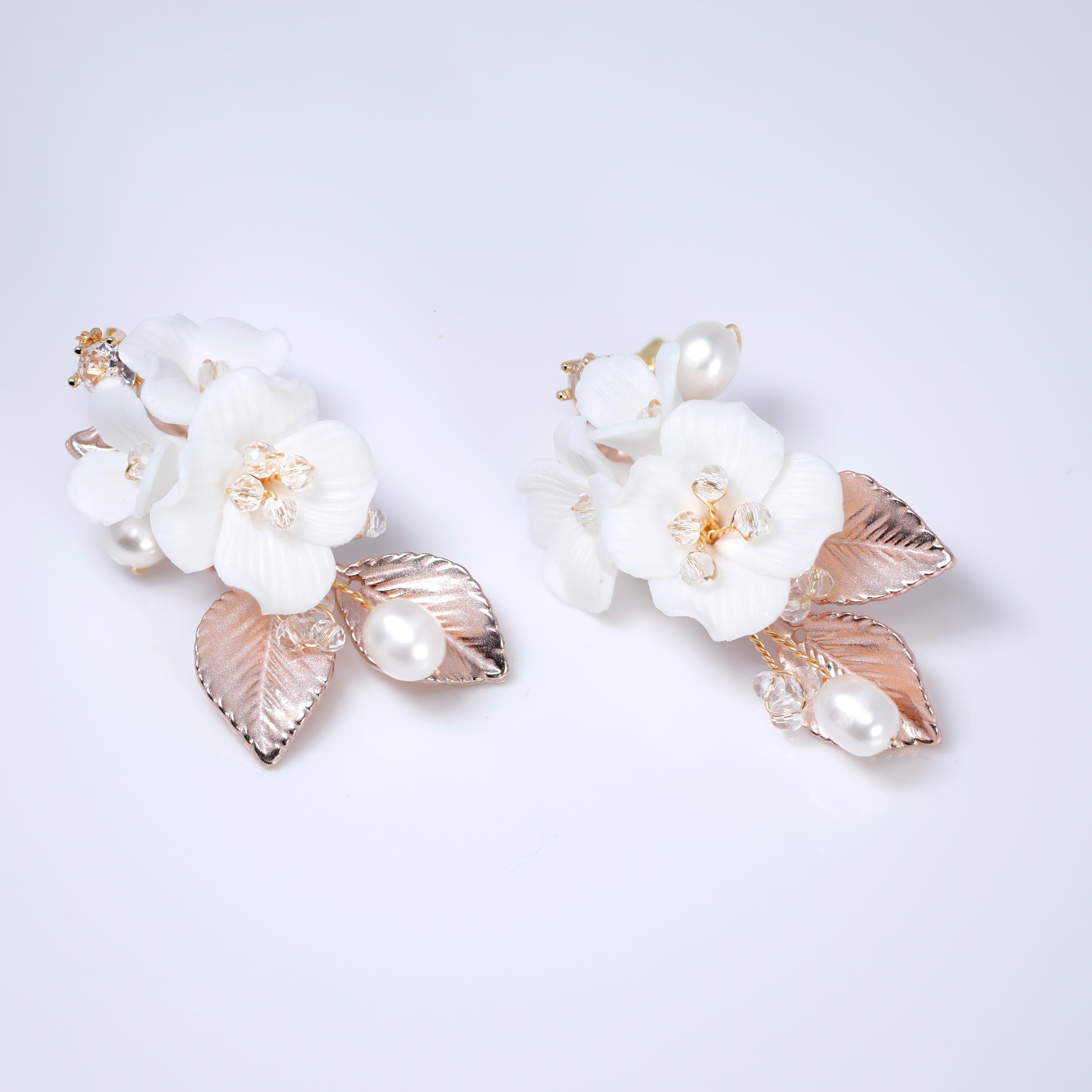 Swarovski Porcelain Ceramic White Flower Natural Pearl Sparkling Crystal Long Bridal Jewelry Crystal Bridal Earrings Statement Earrings Cz