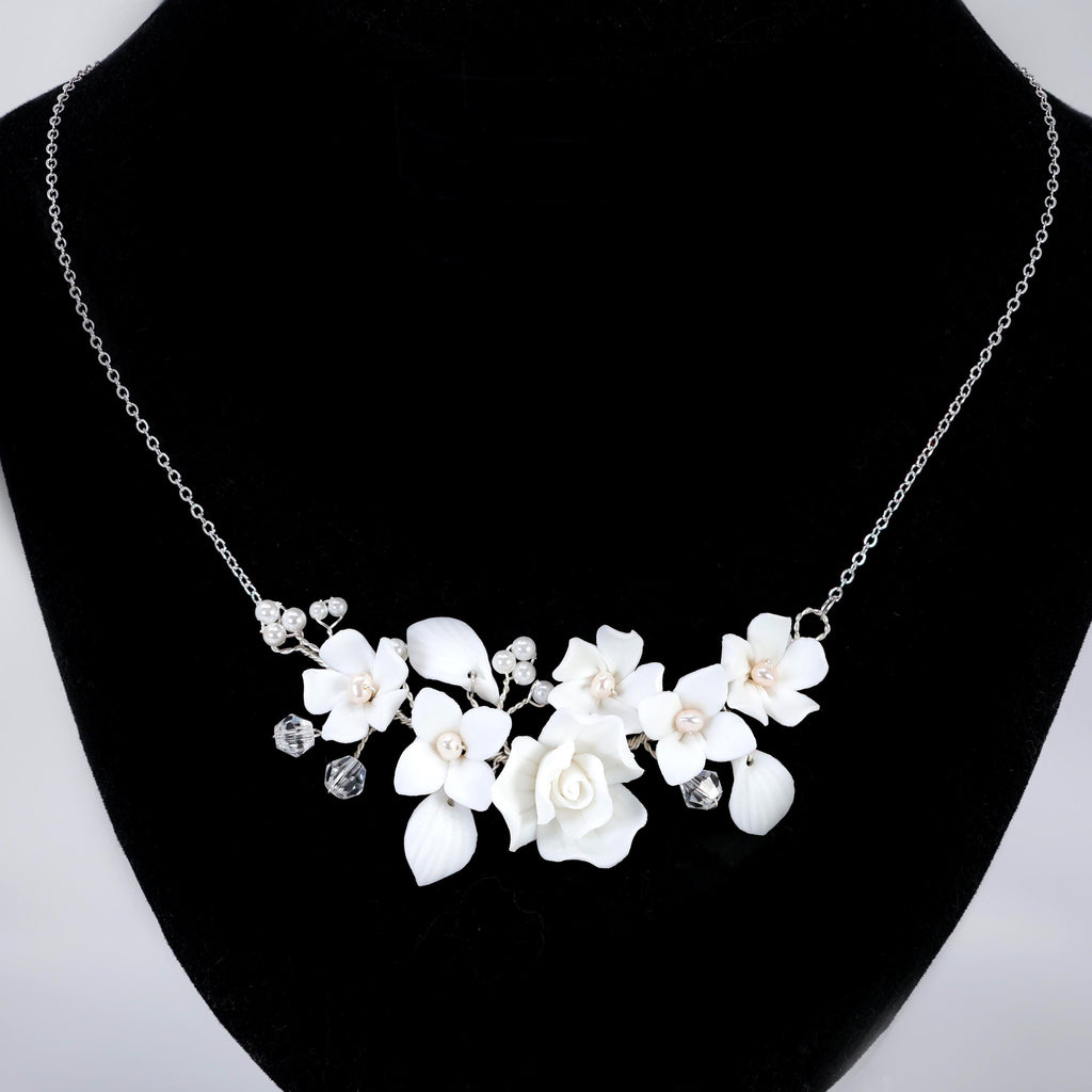Ceramic White Rose Flower Natural Pearl Necklace, Bridal Necklace, Statement Necklace, Gift For Her.