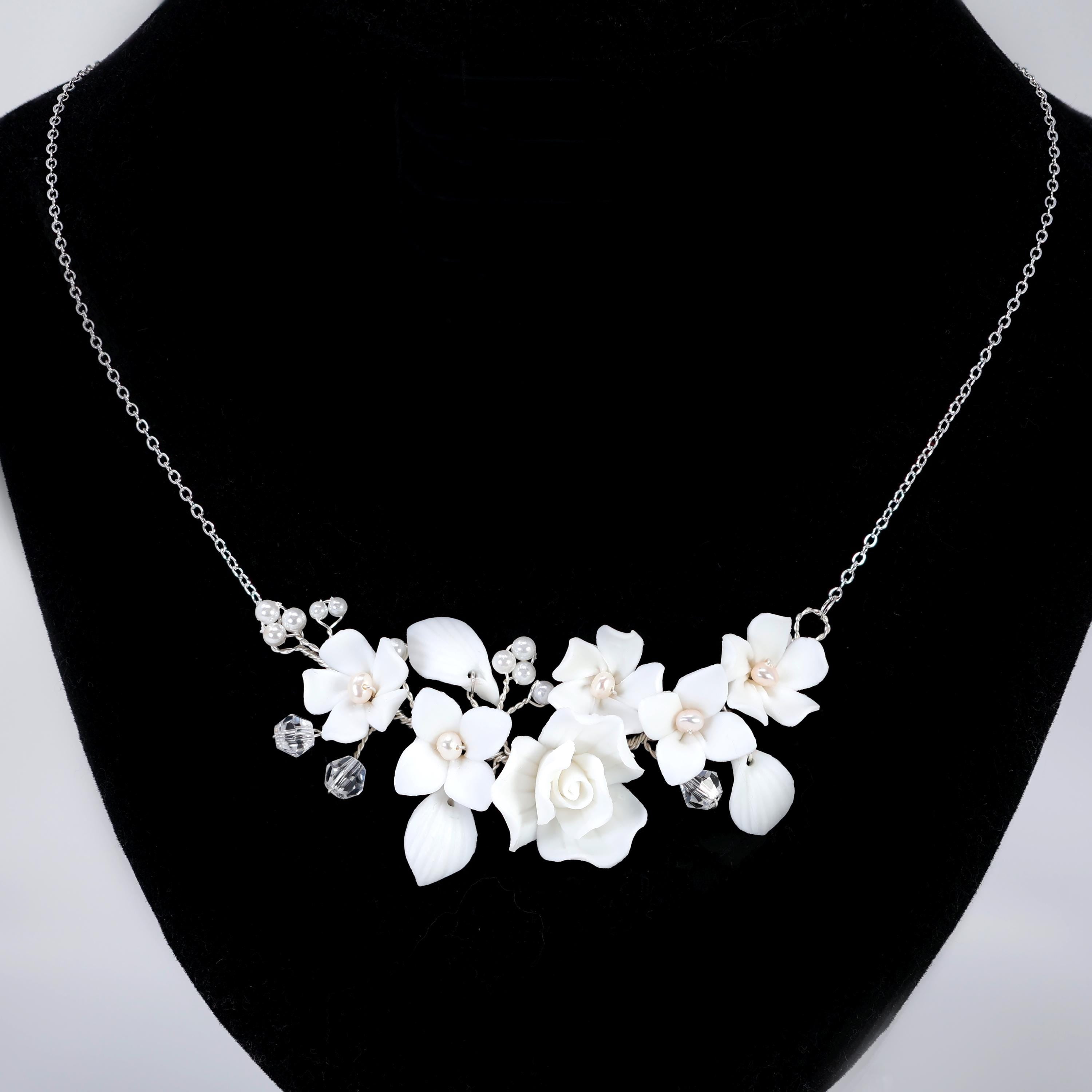 Ceramic White Rose Flower Natural Pearl Necklace, Bridal Necklace, Statement Necklace, Gift For Her.