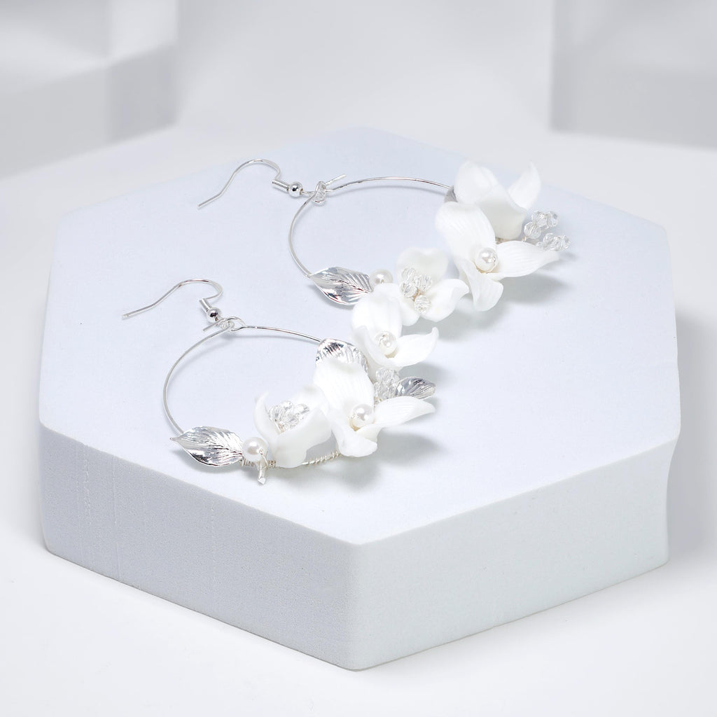 Faux Pearl Ceramic White Flower Dangle Hoop Earrings, Bridal Jewelry, Pearl Bridal Earrings, Statement Dangle Earrings