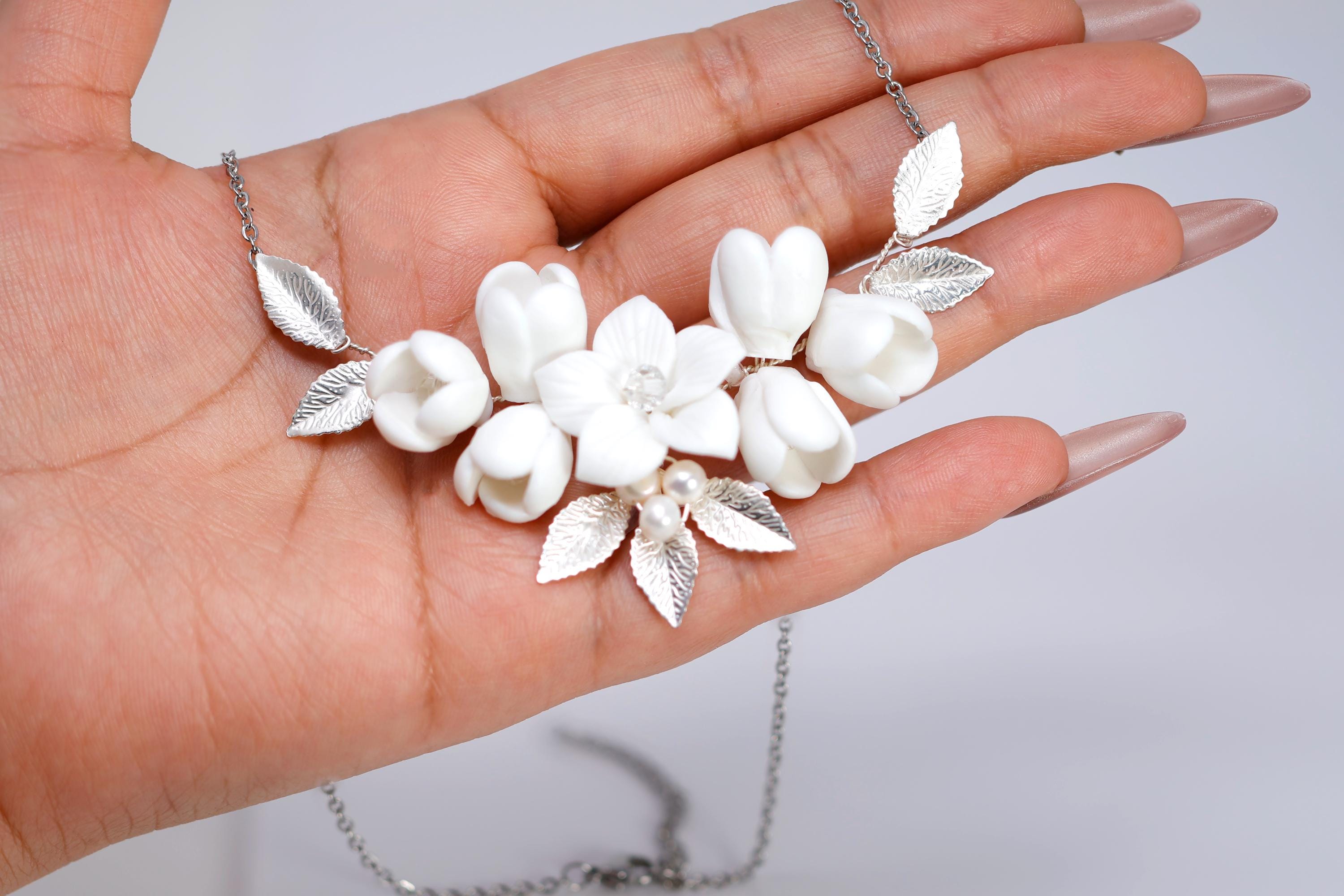 Floral Porcelain Petals & Natural Pearl Necklace, Bridal Necklace, Statement Necklace, Gift For Her.