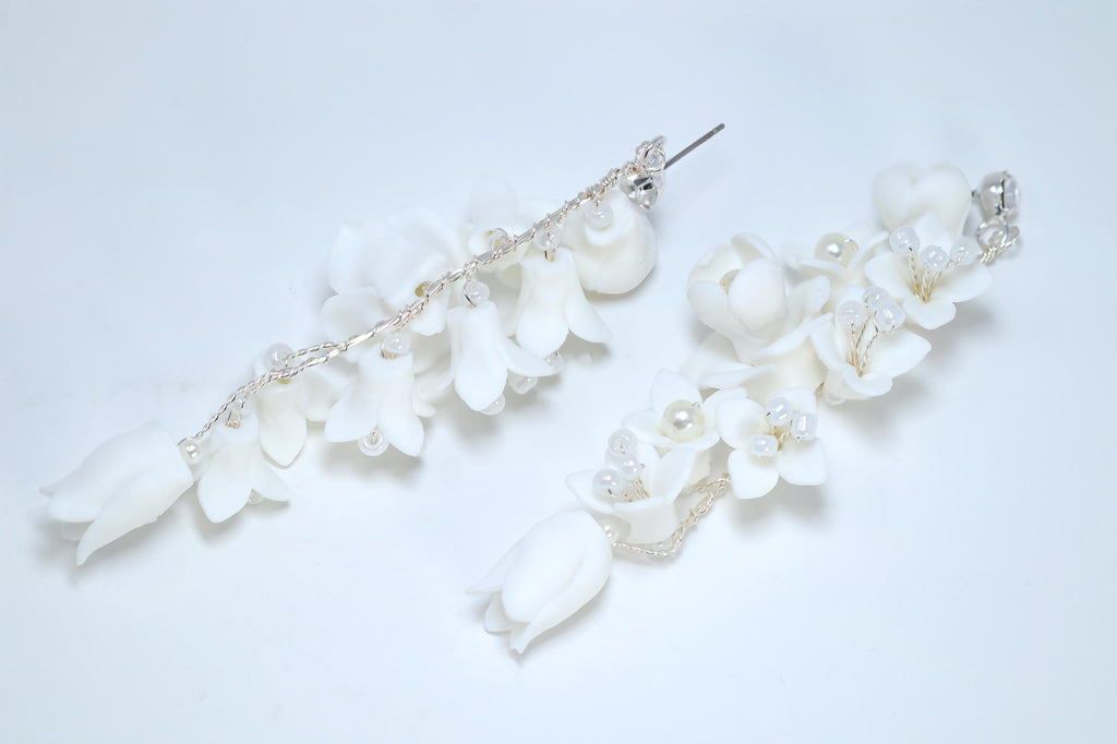 White Rose Floral Petals Pearl Earrings, Long Bridal Jewelry Bridal Earrings Crystal Bridal Earrings Statement Earrings Cz