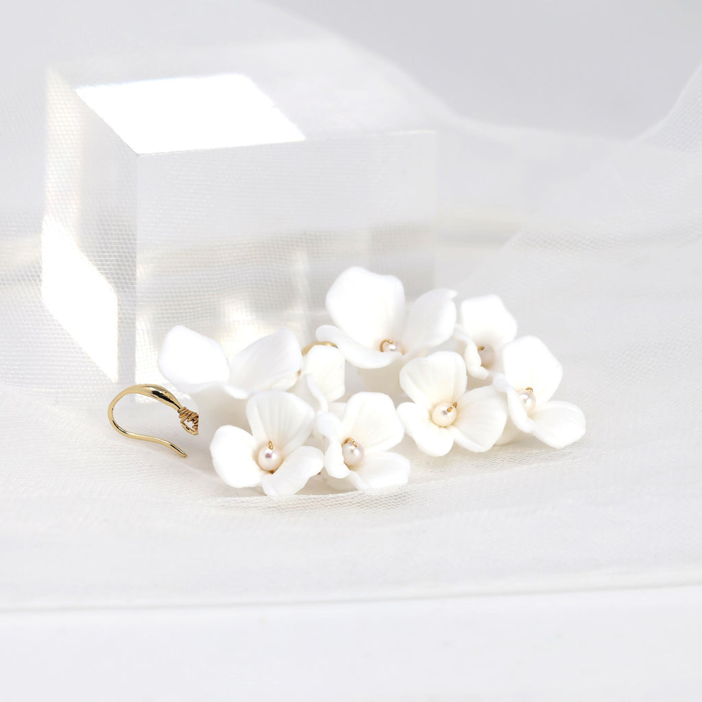 Three Petal White Flower Cultured Pearl Earrings, Long Bridal Jewelry Bridal Earrings Crystal Bridal Earrings Statement Earrings Cz
