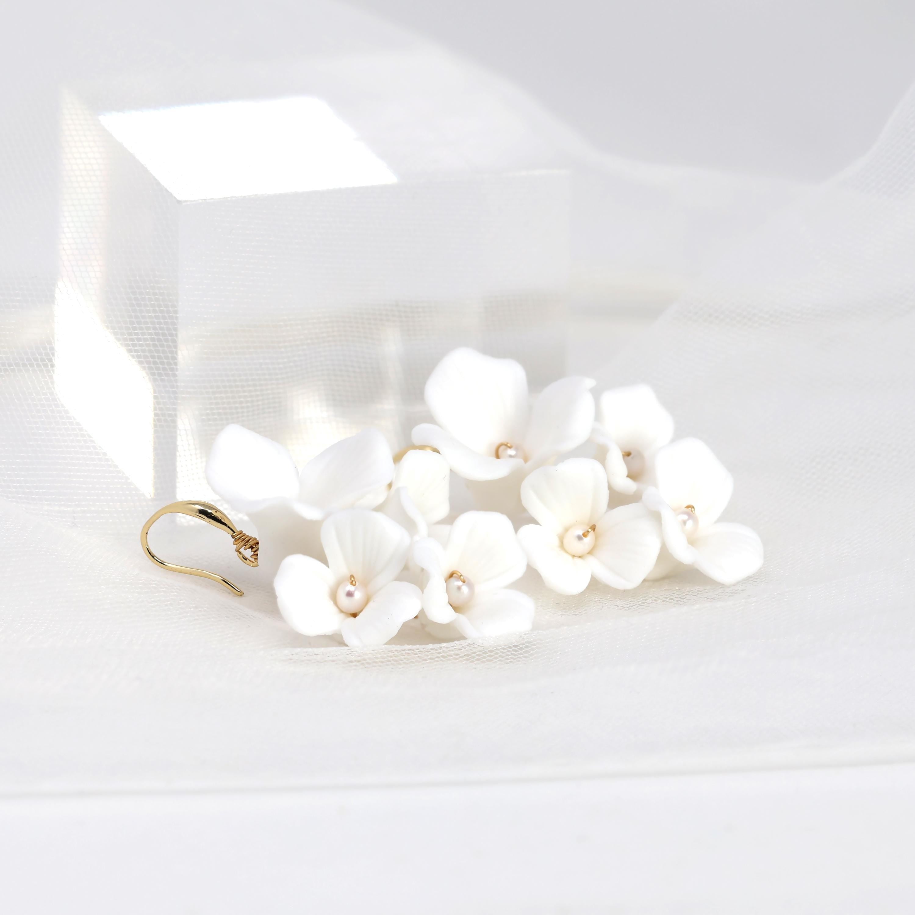 Three Petal White Flower Cultured Pearl Earrings, Long Bridal Jewelry Bridal Earrings Crystal Bridal Earrings Statement Earrings Cz