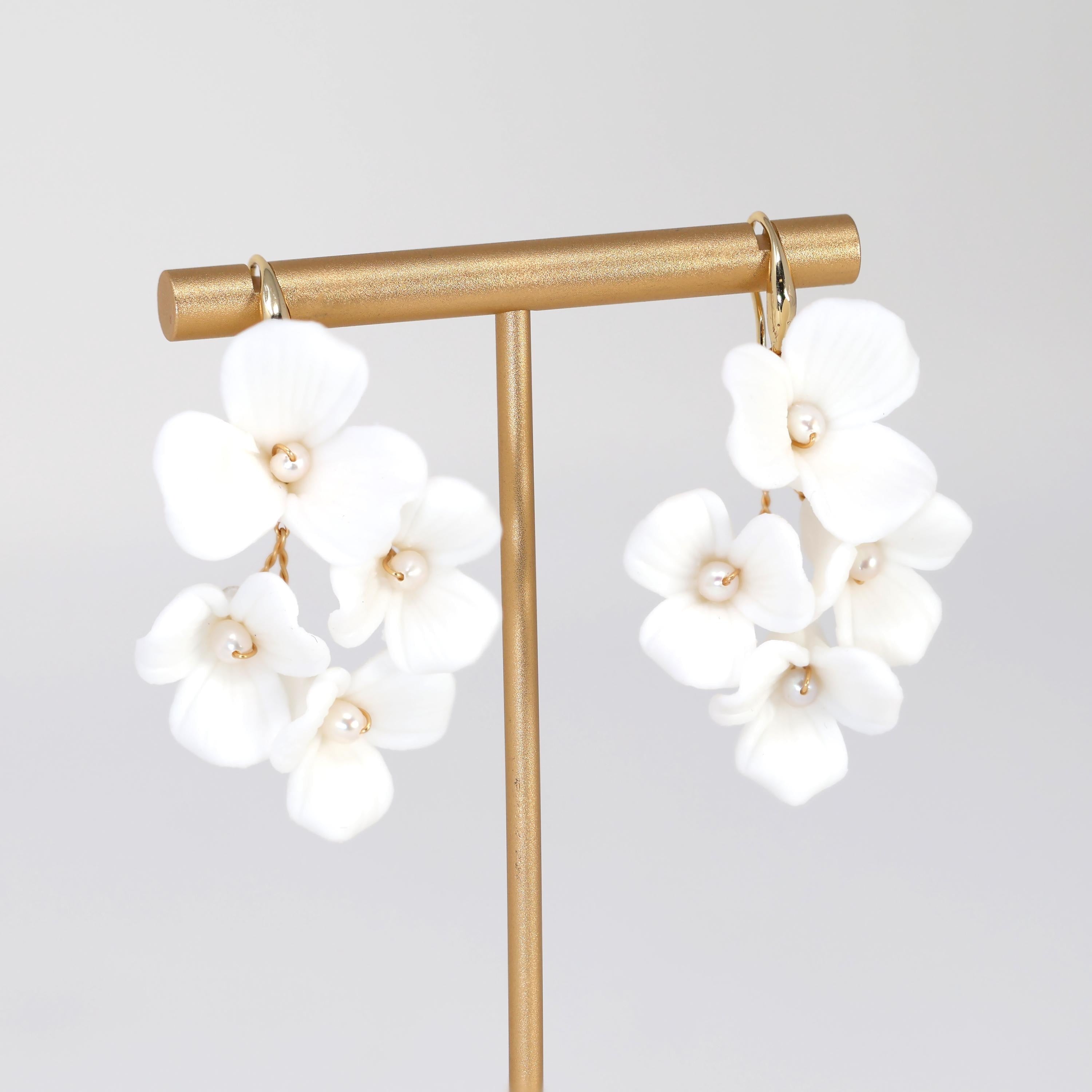 Three Petal White Flower Cultured Pearl Earrings, Long Bridal Jewelry Bridal Earrings Crystal Bridal Earrings Statement Earrings Cz