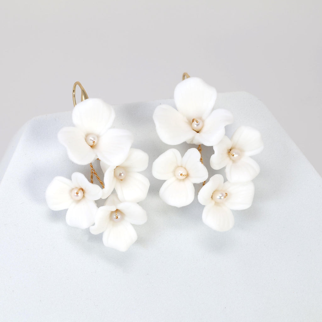 Three Petal White Flower Cultured Pearl Earrings, Long Bridal Jewelry Bridal Earrings Crystal Bridal Earrings Statement Earrings Cz