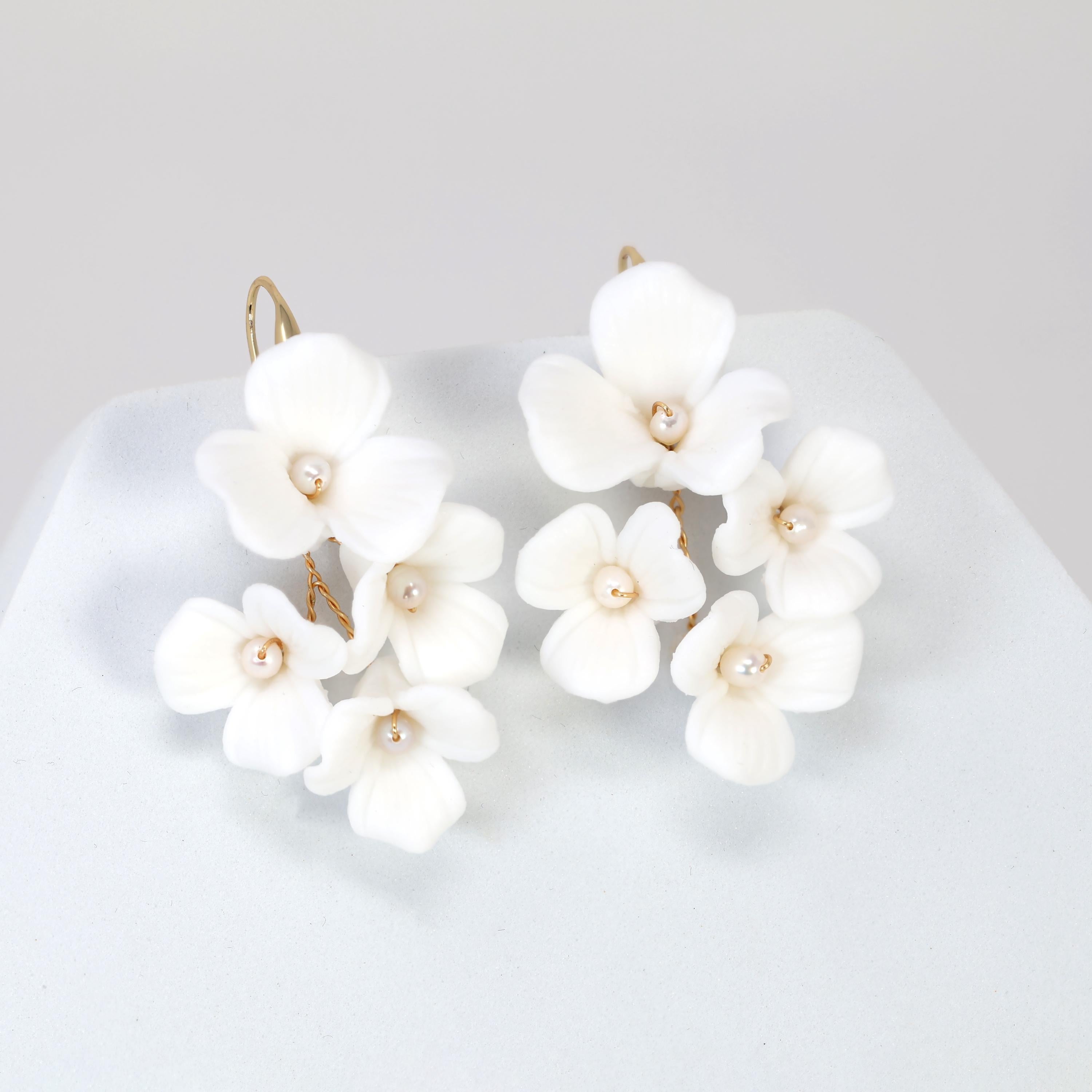 Three Petal White Flower Cultured Pearl Earrings, Long Bridal Jewelry Bridal Earrings Crystal Bridal Earrings Statement Earrings Cz