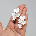 Three Petal White Flower Cultured Pearl Earrings, Long Bridal Jewelry Bridal Earrings Crystal Bridal Earrings Statement Earrings Cz