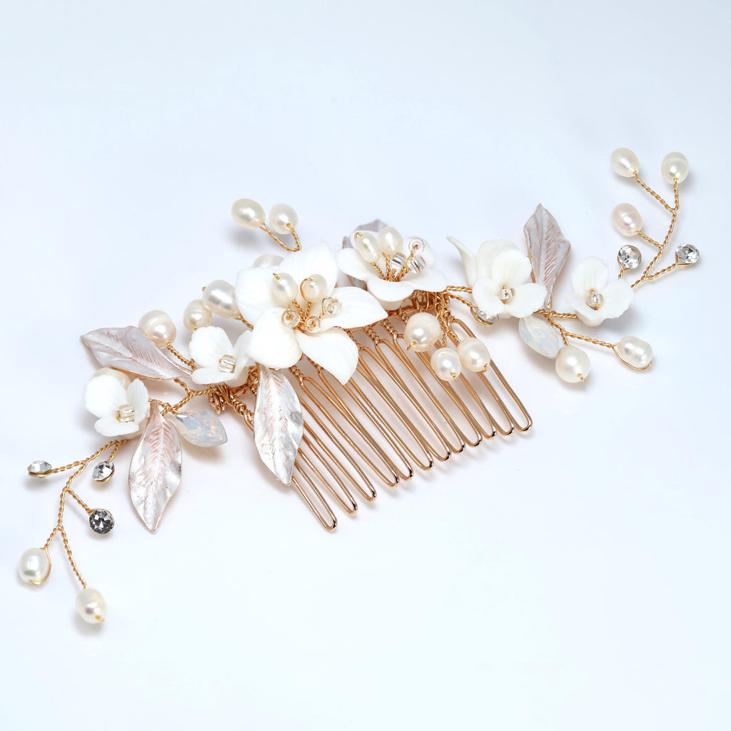 Swarovski Crystal Gilded Petals & Pearls Garden Hair comb, Bridal Hair piece, Bridal Hair Accessories, Wedding Hair Accessory.
