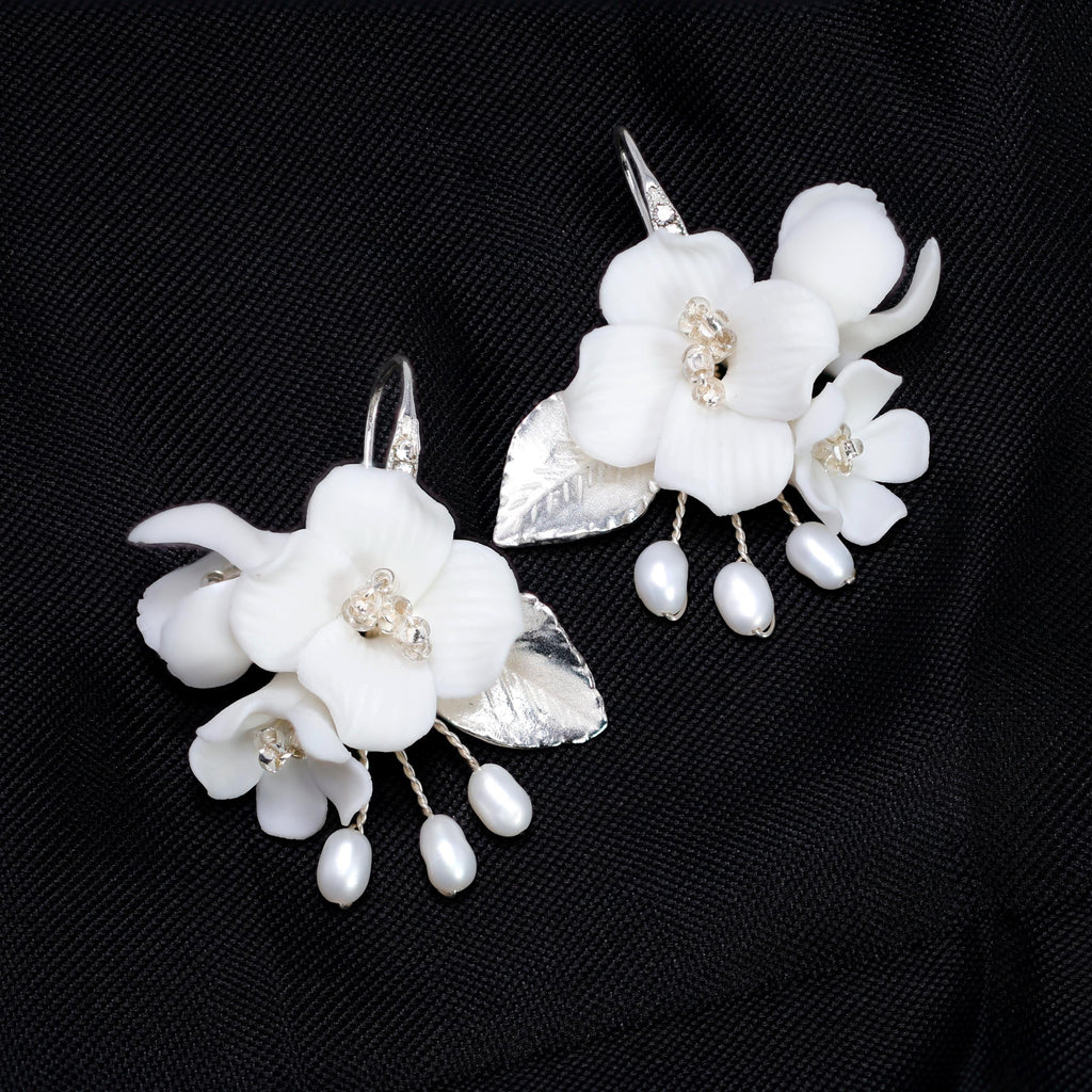 Swarovski Freshwater Gold White Flower Crystal Necklace set , Long Bridal Jewelry Crystal Necklace Bridal Earrings Statement Earrings