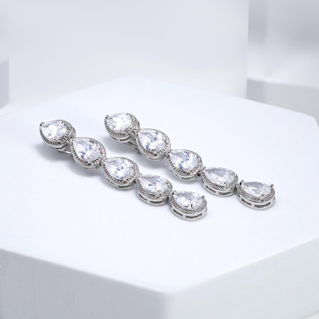 CZ Long Tassel Clip-On Teardrop Earrings, Crystal Bridal Earrings, Statement Earrings