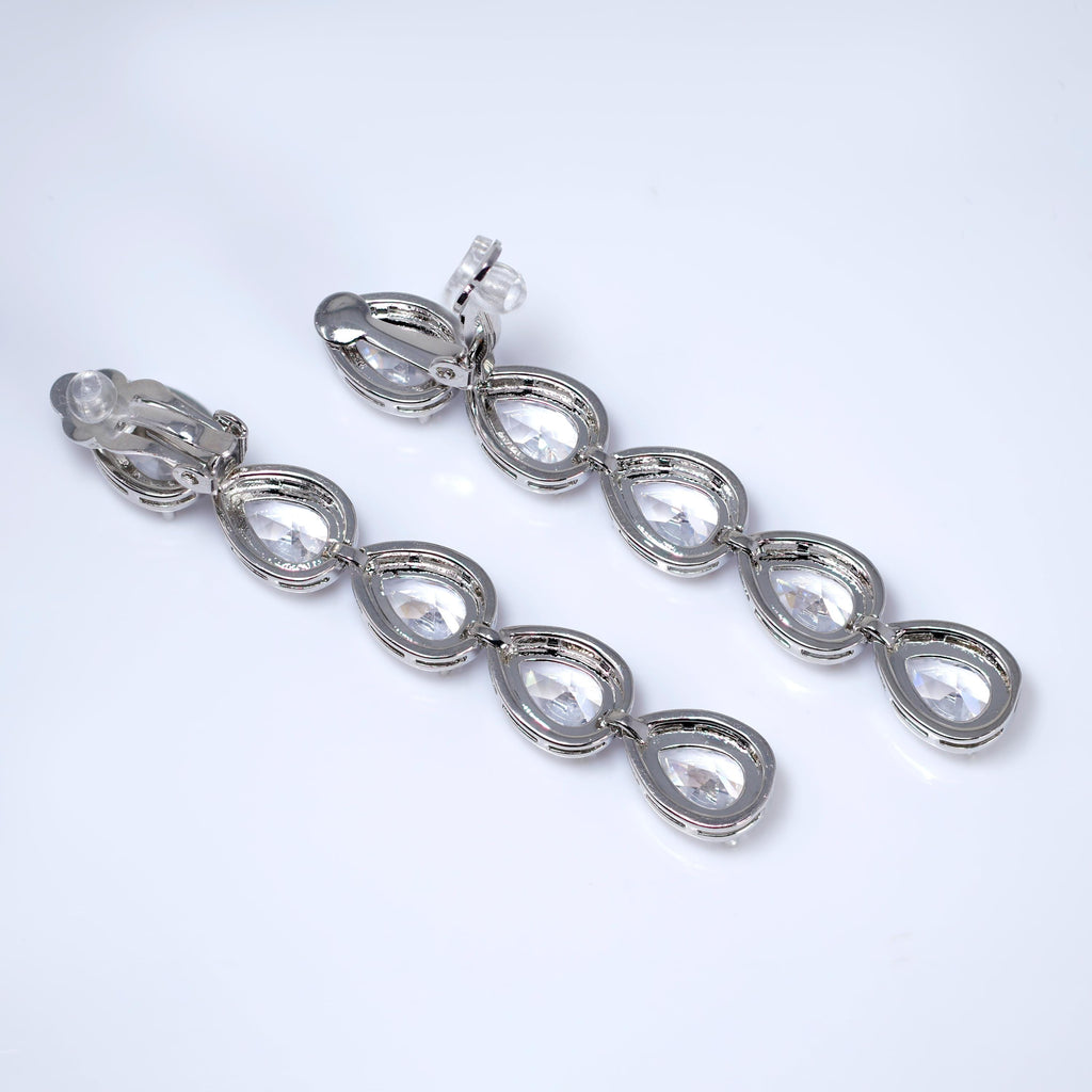 CZ Long Tassel Clip-On Teardrop Earrings, Crystal Bridal Earrings, Statement Earrings