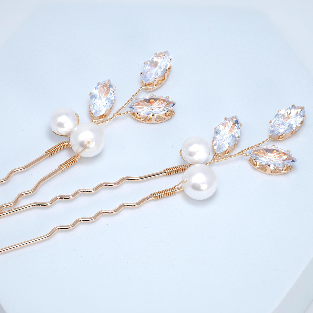 CZ Sparkling Leaves In Pearly Garden Set of 2 Hair Pins , Swarovski Hair pins Set, Bridal Hair Accessories, Pearl hair pins, Gift For Her