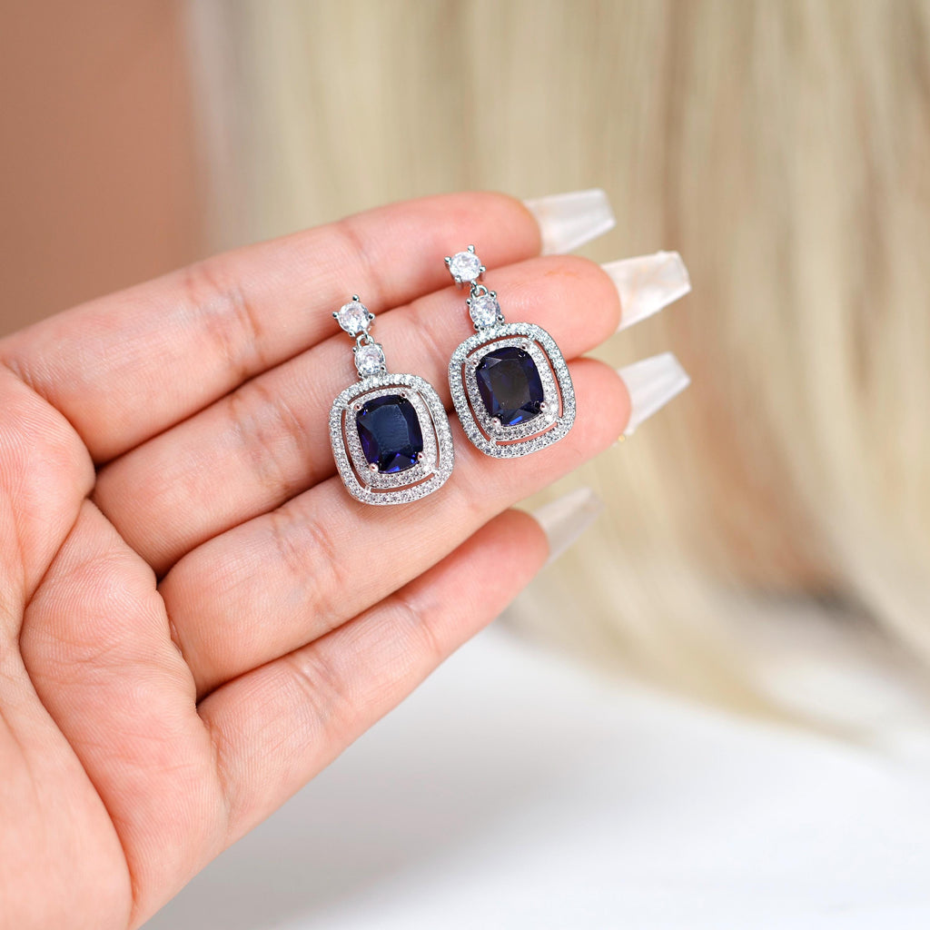 Royal Blue Majestic Aurora CZ Diamond Dangle Earrings, Bridal Jewelry, cushion cut Bridal Earrings, Crystal Statement Earrings Cz