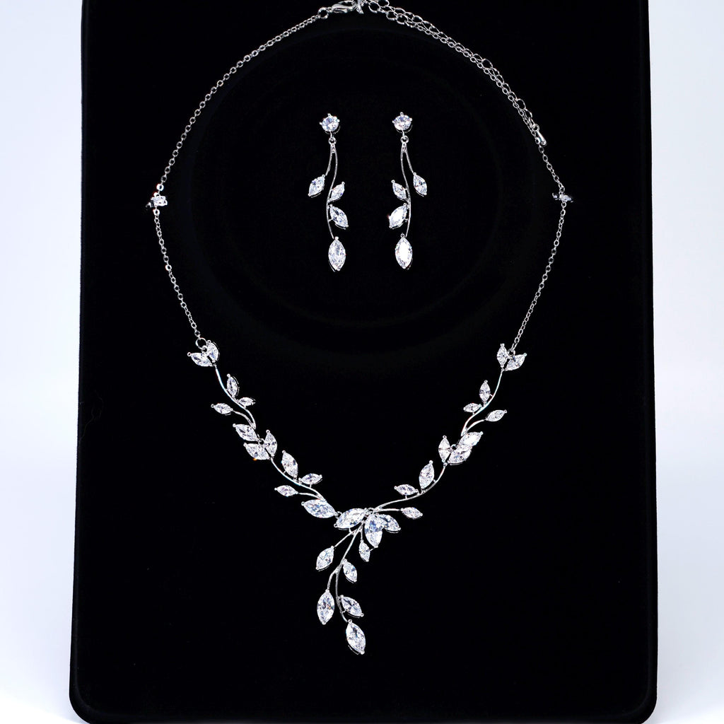 CZ Leaves Dancing with Light Necklace Set, Long Bridal Jewelry, Bridal Earrings And Necklace, Statement Earrings Cz Necklace Set.