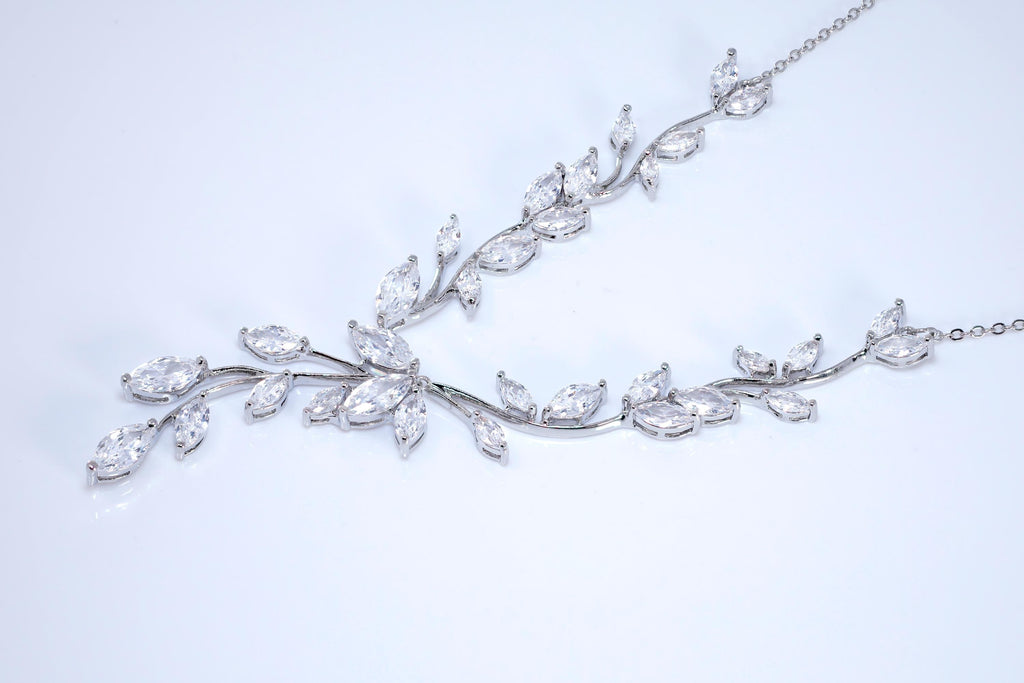 CZ Leaves Dancing with Light Necklace Set, Long Bridal Jewelry, Bridal Earrings And Necklace, Statement Earrings Cz Necklace Set.