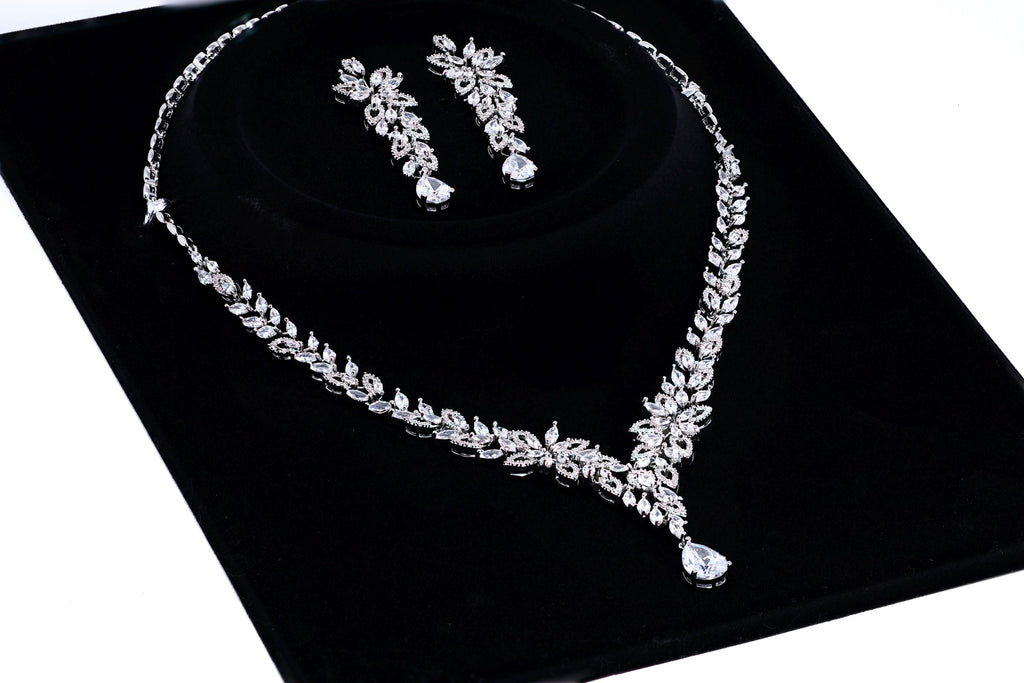 CZ The Bride’s Song in Silver Petals Necklace, Long Bridal Jewelry, Bridal Earrings And Necklace, Statement Earrings CZ Necklace Set.