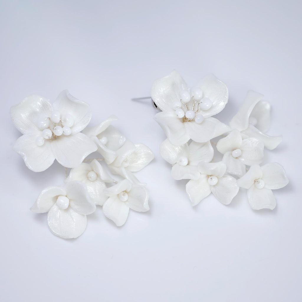 Swarovski Porcelain Ceramic White Sparkling Flower Crystal Bridal Earrings, Long Bridal Jewelry, Statement Earrings Cz