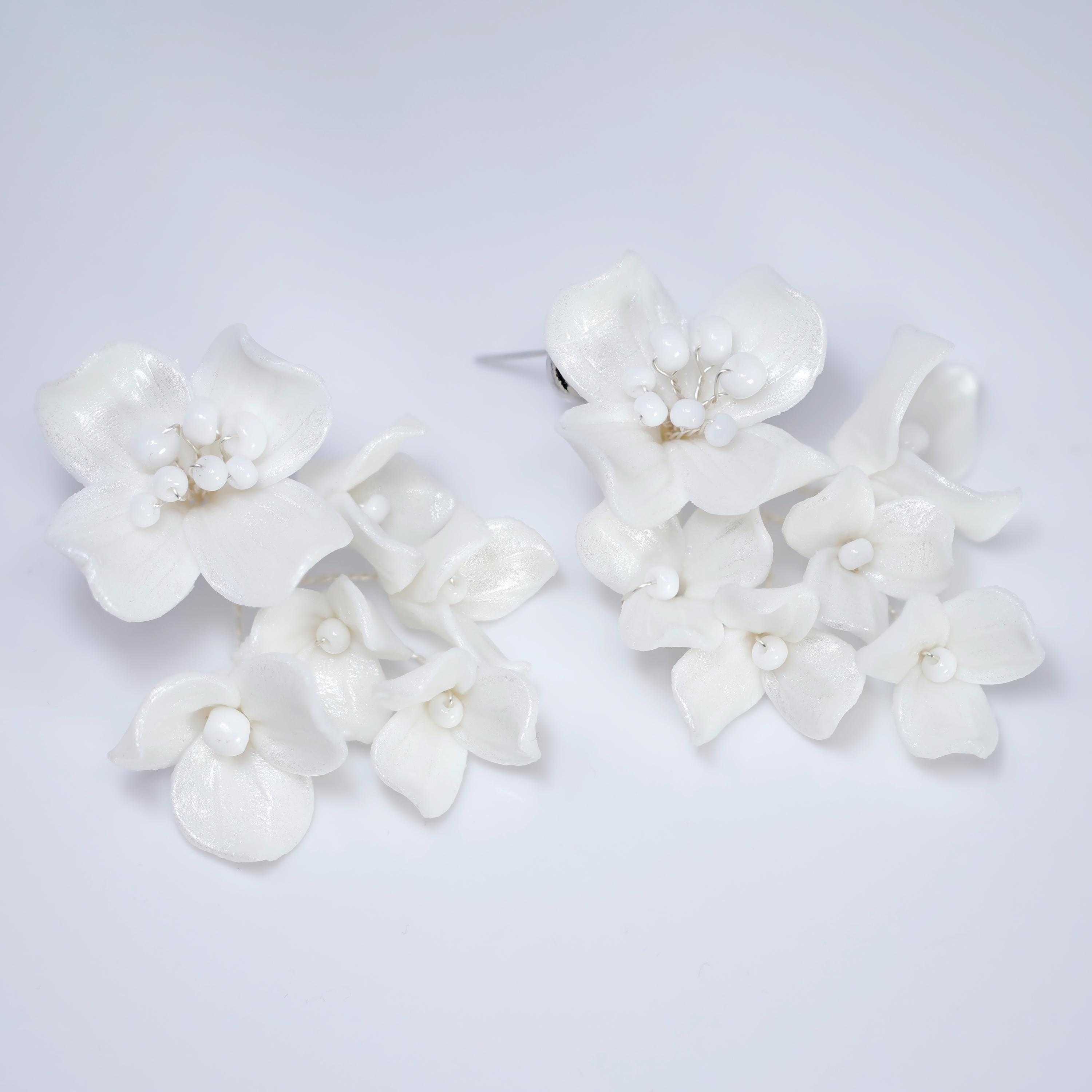 Swarovski Porcelain Ceramic White Sparkling Flower Crystal Bridal Earrings, Long Bridal Jewelry, Statement Earrings Cz