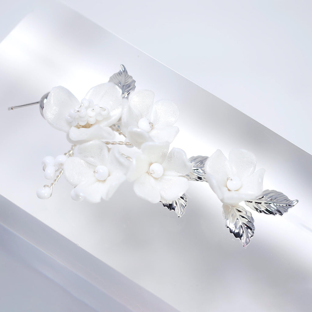 Swarovski Porcelain Ceramic White Sparkling Flower Crystal Magnolia Bridal Earrings, Long Bridal Jewelry, Statement Earrings Cz